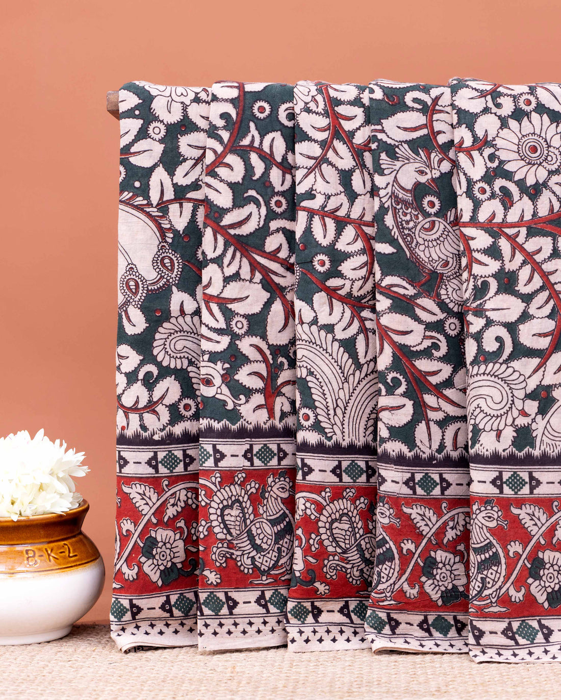 Traditional Kalamkari Cotton Saree with Folk-Bird and Floral Motifs - Dark Green