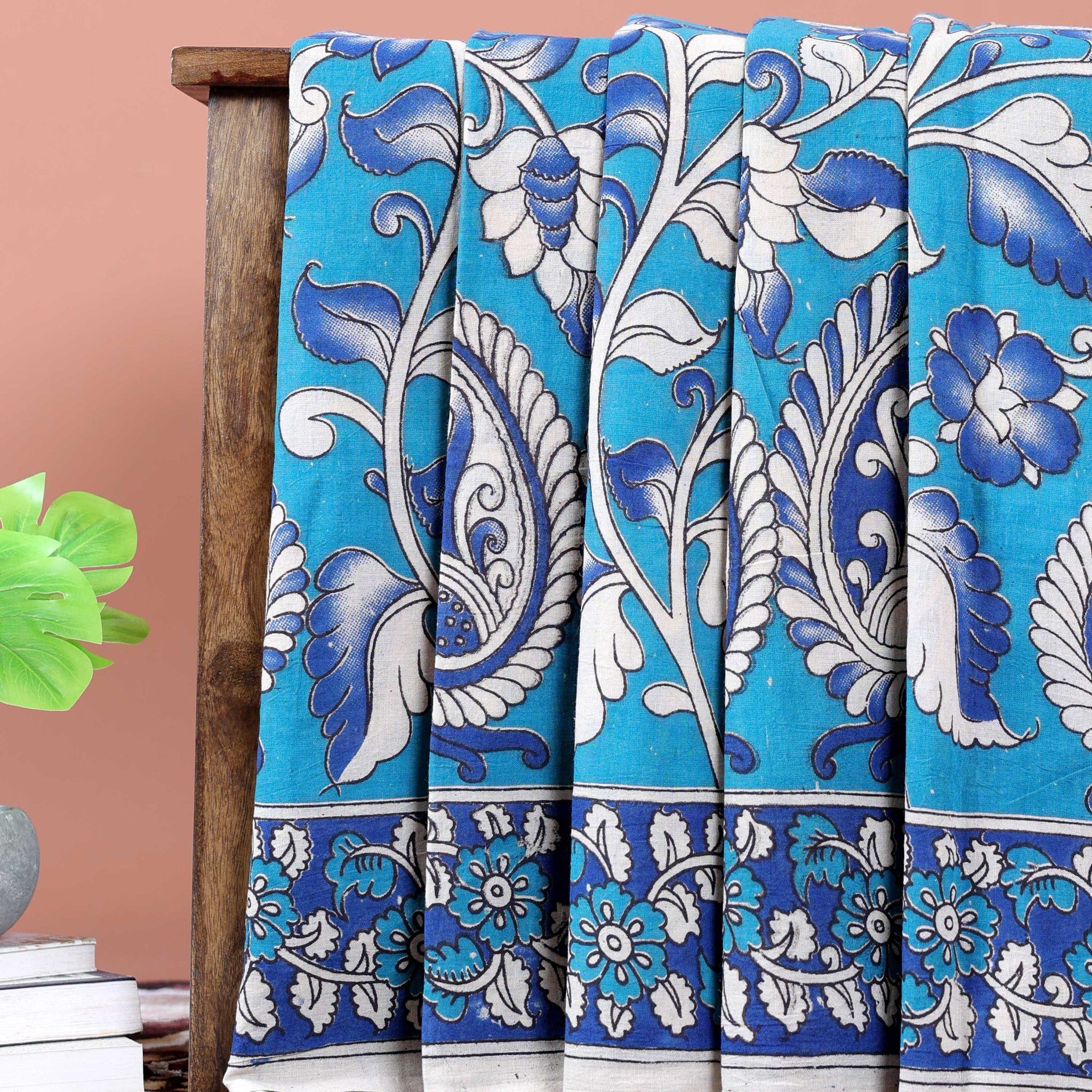 Traditional Kalamkari Cotton Saree with Hand-Painted Floral Motifs - Blue
