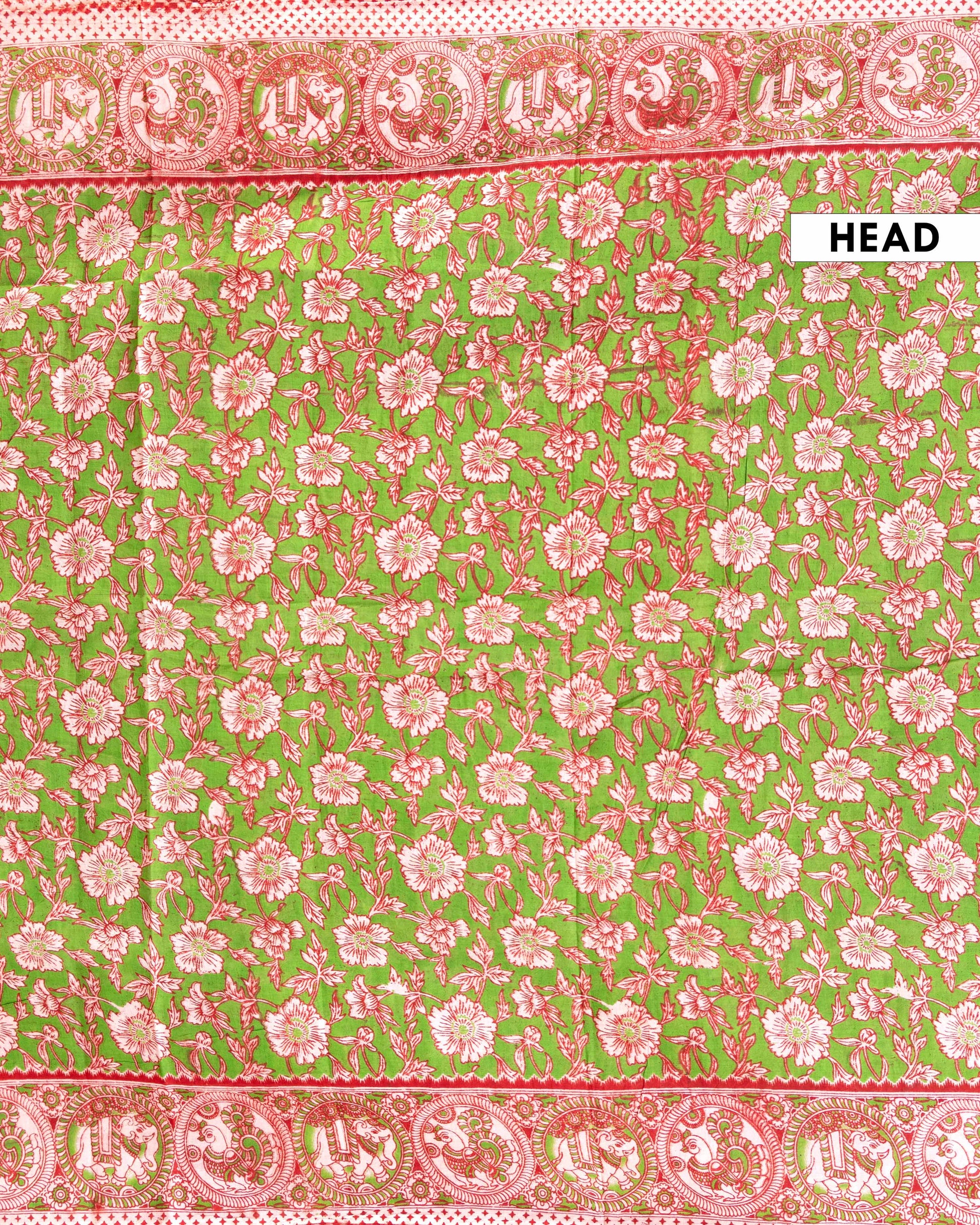 Traditional Kalamkari Cotton Saree with Hand-Painted Floral and Peacock Motifs - Green