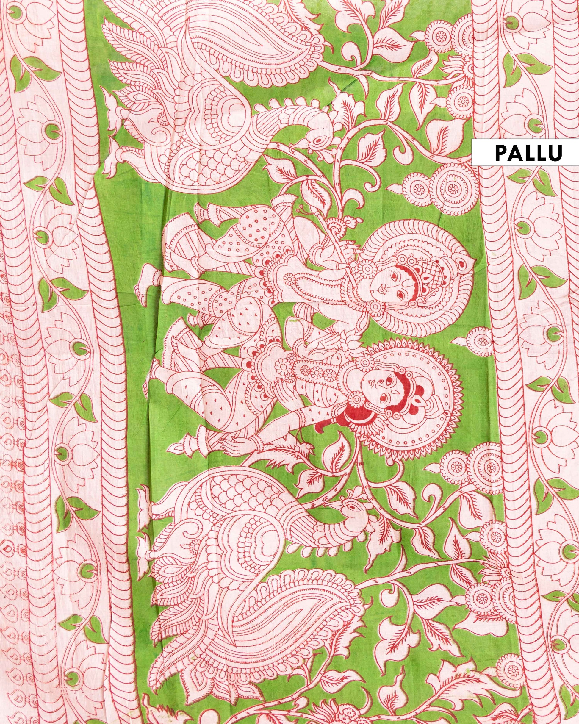 Traditional Kalamkari Cotton Saree with Hand-Painted Floral and Peacock Motifs - Green