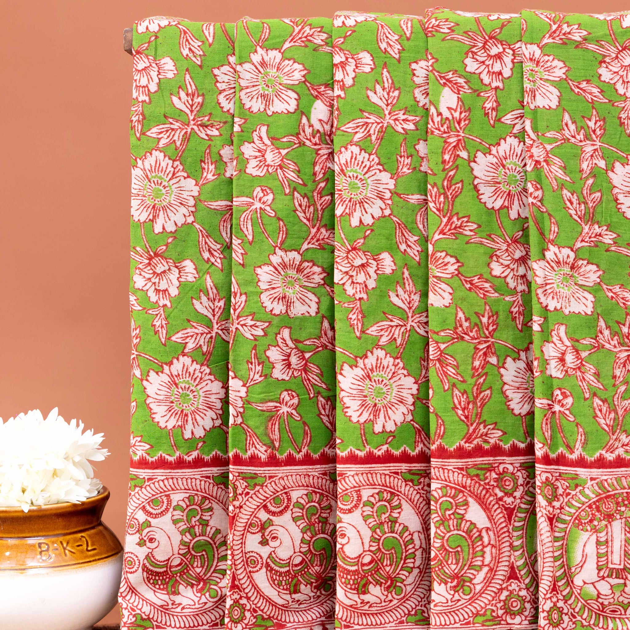 Traditional Kalamkari Cotton Saree with Hand-Painted Floral and Peacock Motifs - Green