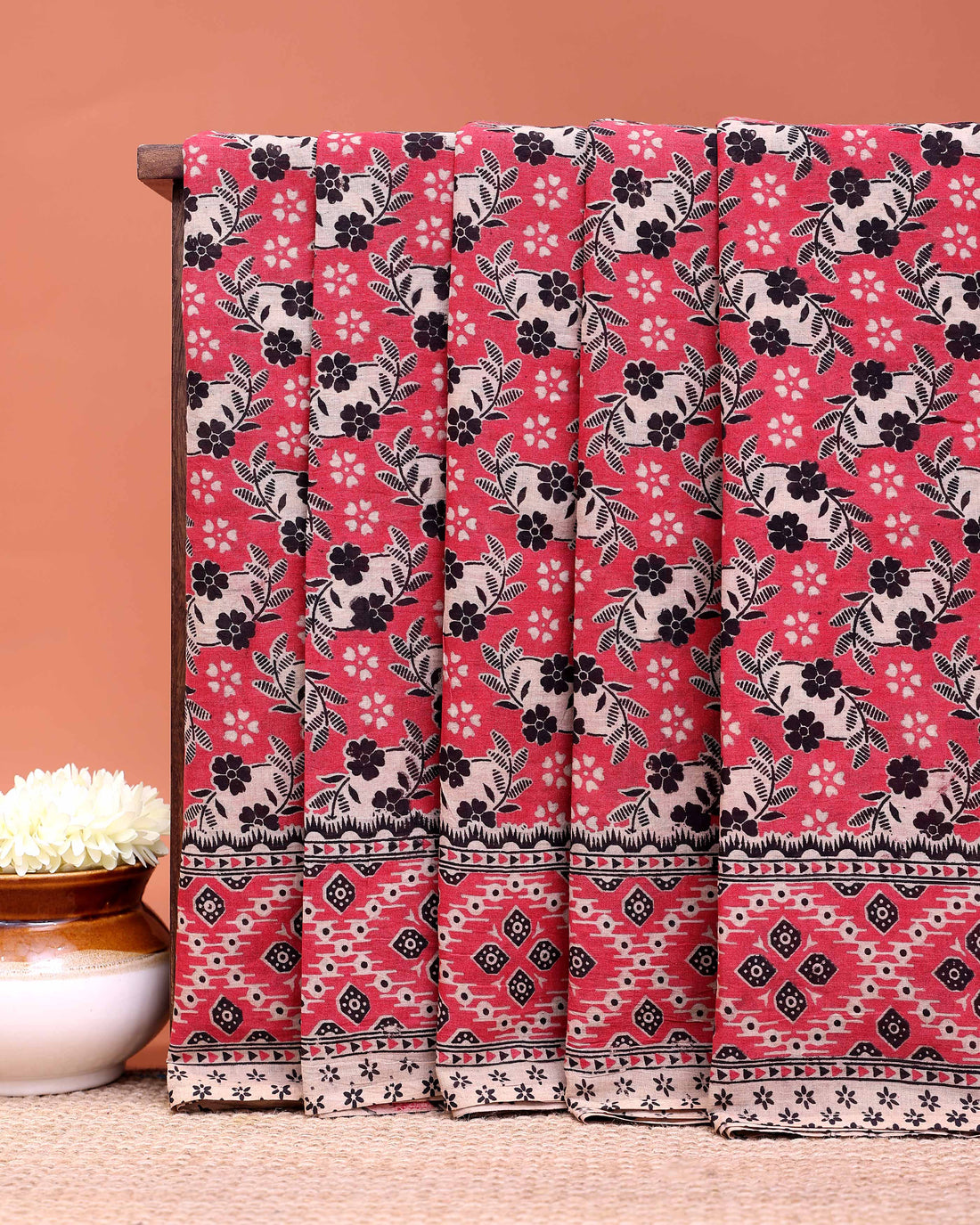 Traditional Kalamkari Cotton Saree with Intricate Floral Design and Ornate Border - Light Red