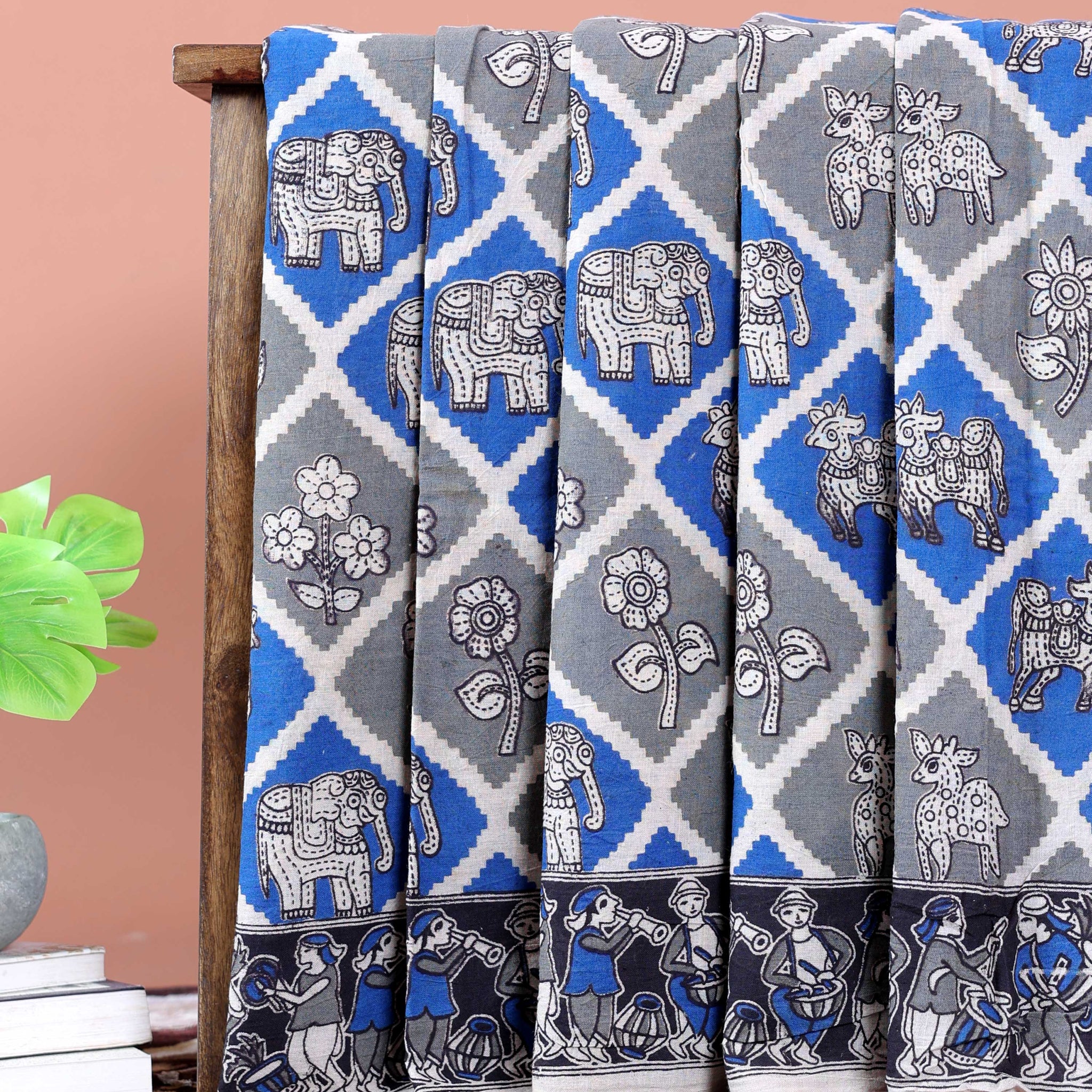 Traditional Kalamkari Cotton Saree with Intricate Floral & Leafy Motifs - Grey