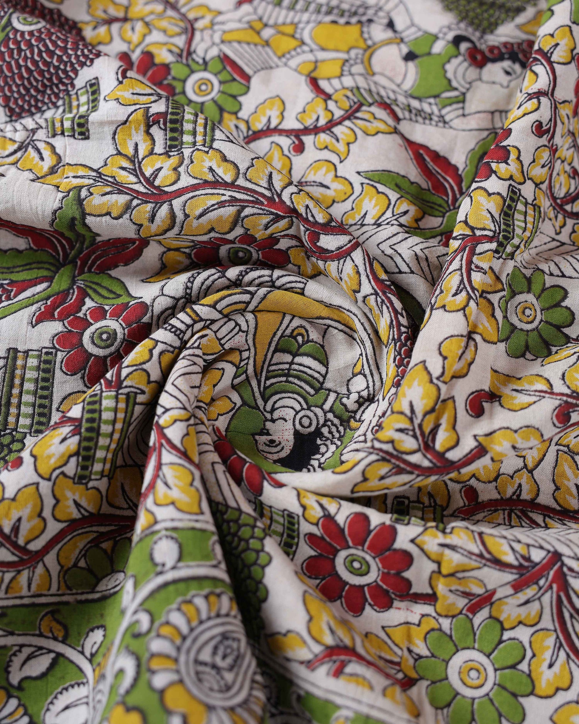 Traditional Kalamkari Cotton Saree with Intricate Floral and Avian Motifs - Close