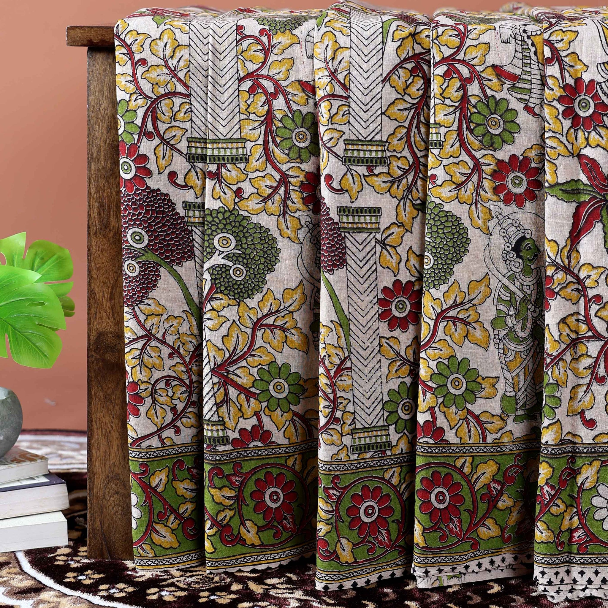 Traditional Kalamkari Cotton Saree with Intricate Floral and Avian Motifs - Cream