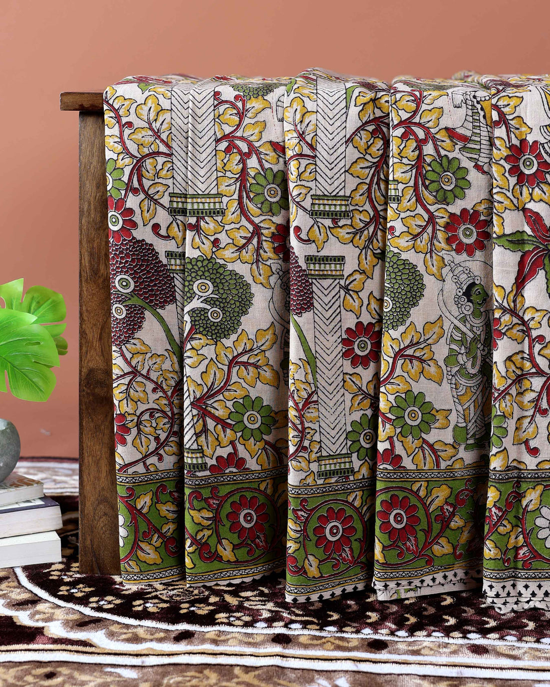 Traditional Kalamkari Cotton Saree with Intricate Floral and Avian Motifs - Cream