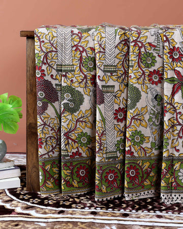 Traditional Kalamkari Cotton Saree with Intricate Floral and Avian Motifs - Cream