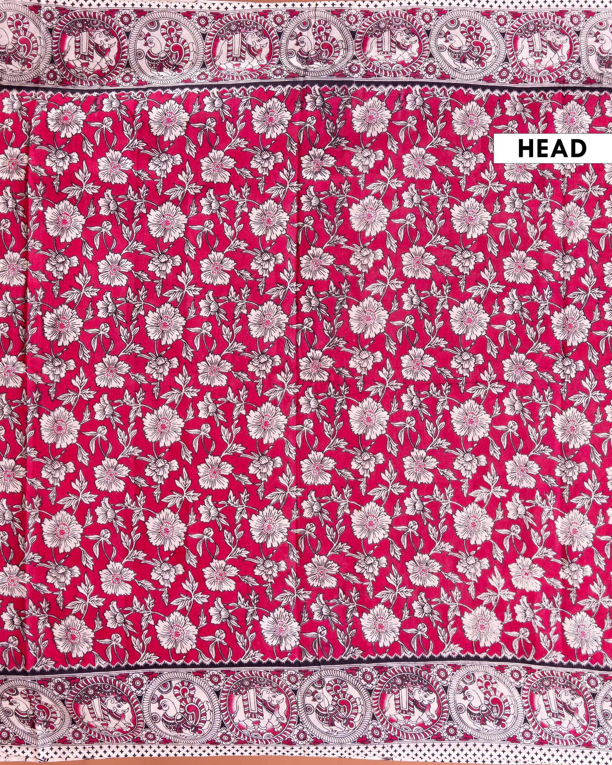 Traditional Kalamkari Cotton Saree with Intricate Floral and Avian Motifs - Red