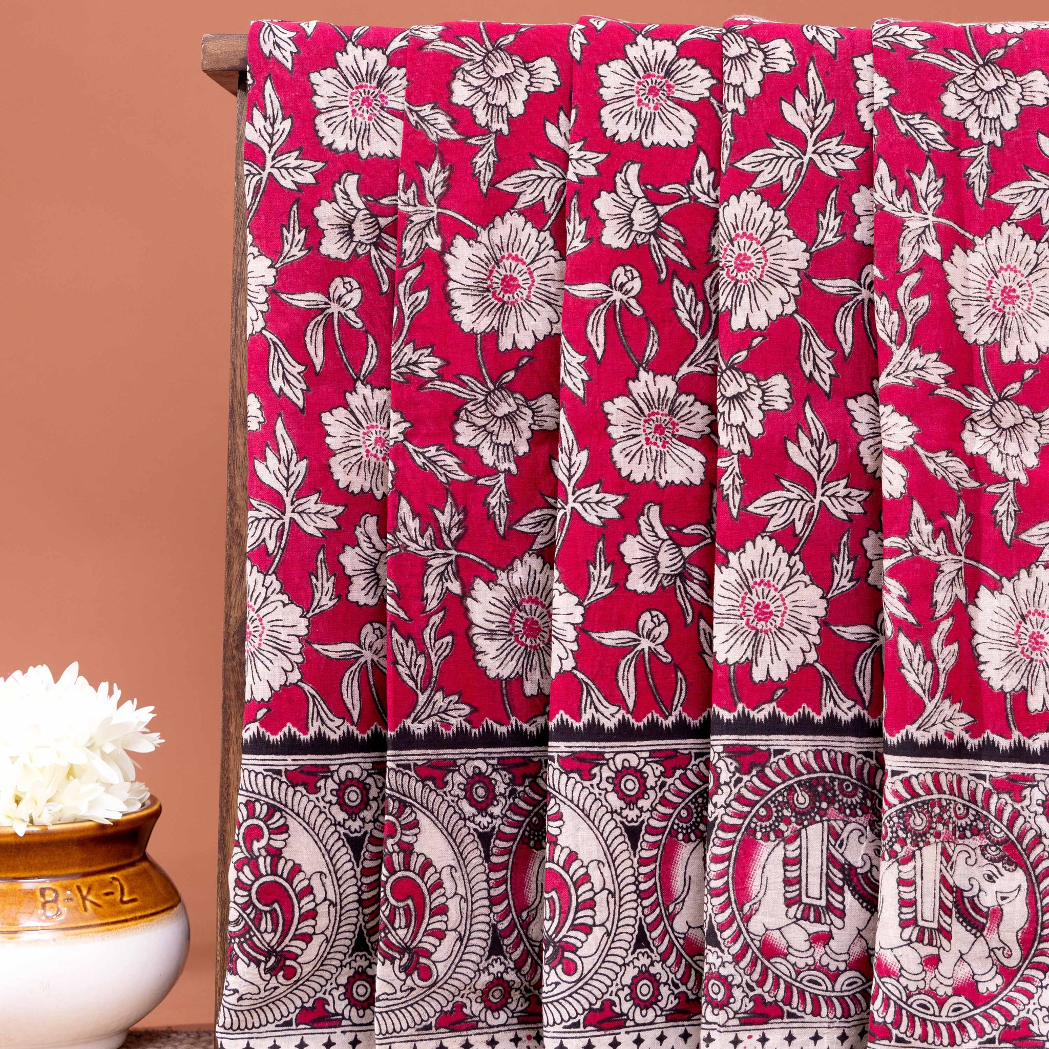 Traditional Kalamkari Cotton Saree with Intricate Floral and Avian Motifs - Red