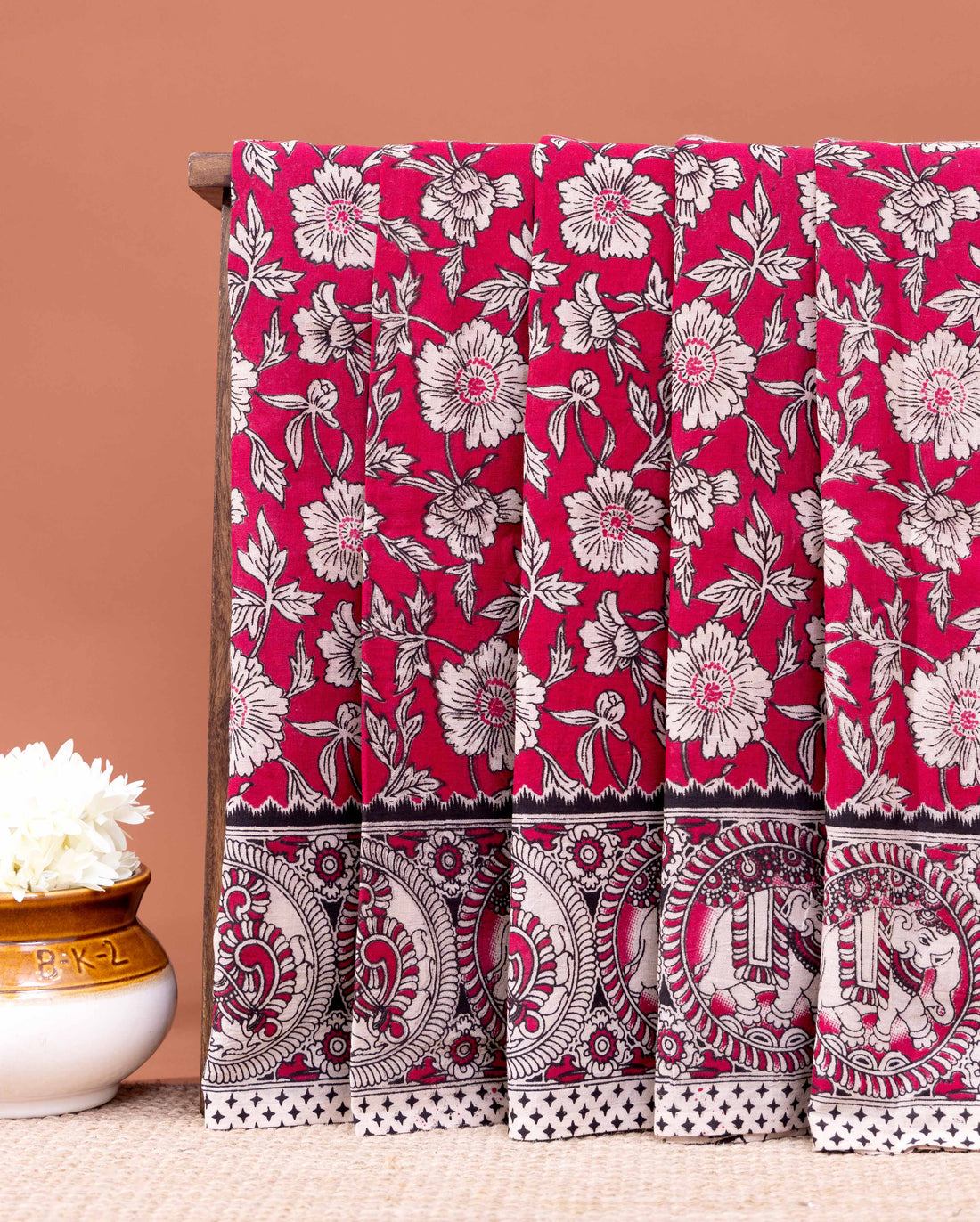 Traditional Kalamkari Cotton Saree with Intricate Floral and Avian Motifs - Red