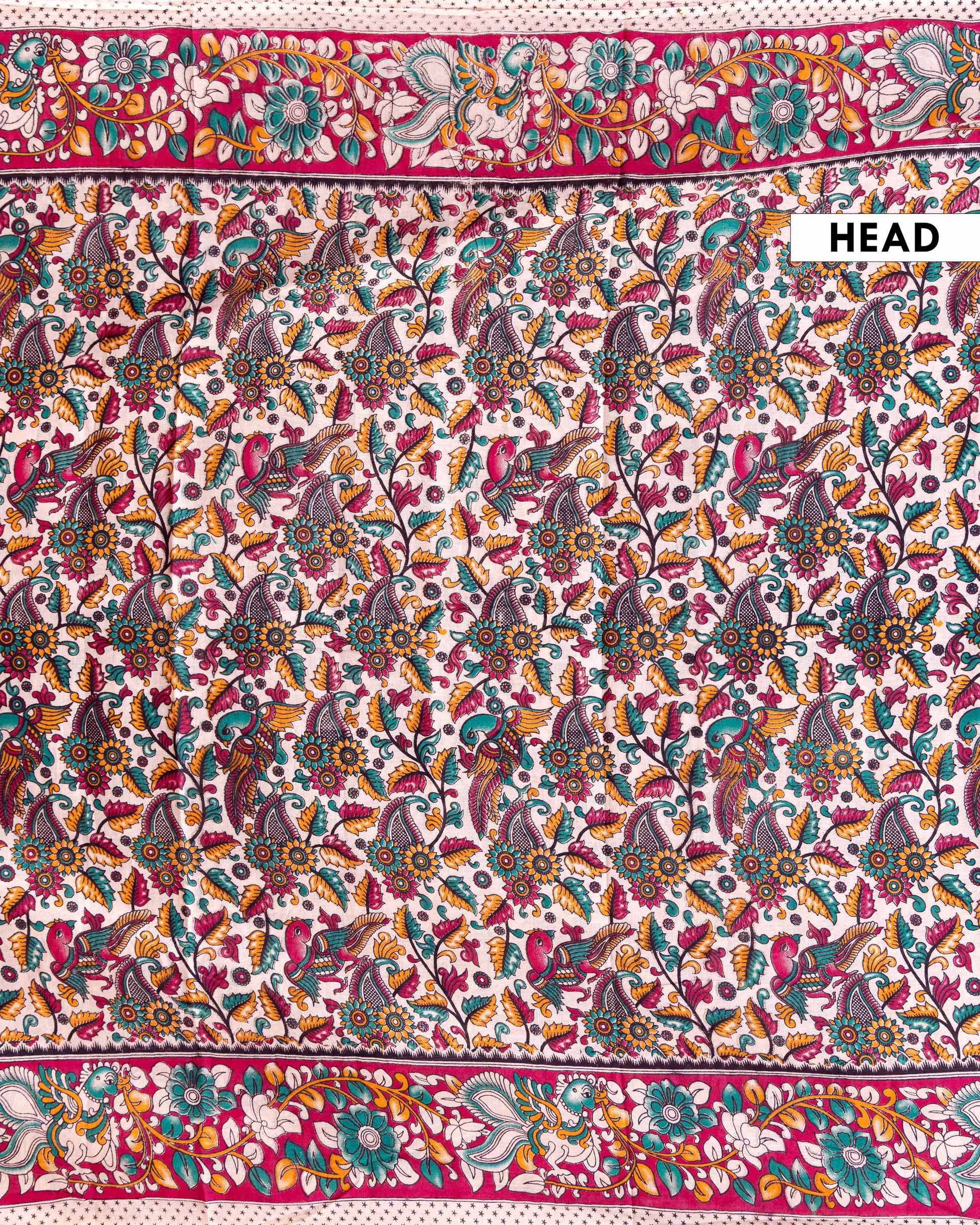 Traditional Kalamkari Cotton Saree with Intricate Floral and Bird Motifs - Cream