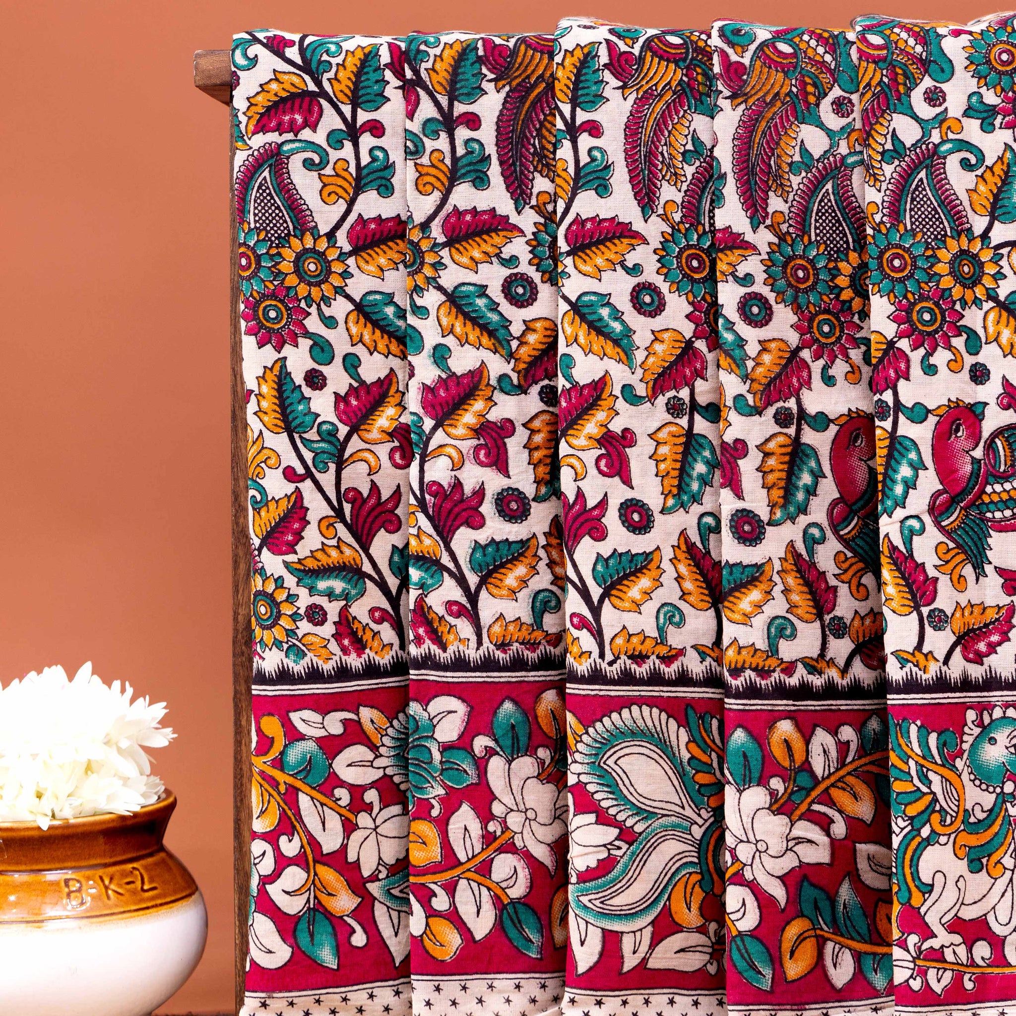 Traditional Kalamkari Cotton Saree with Intricate Floral and Bird Motifs - Cream