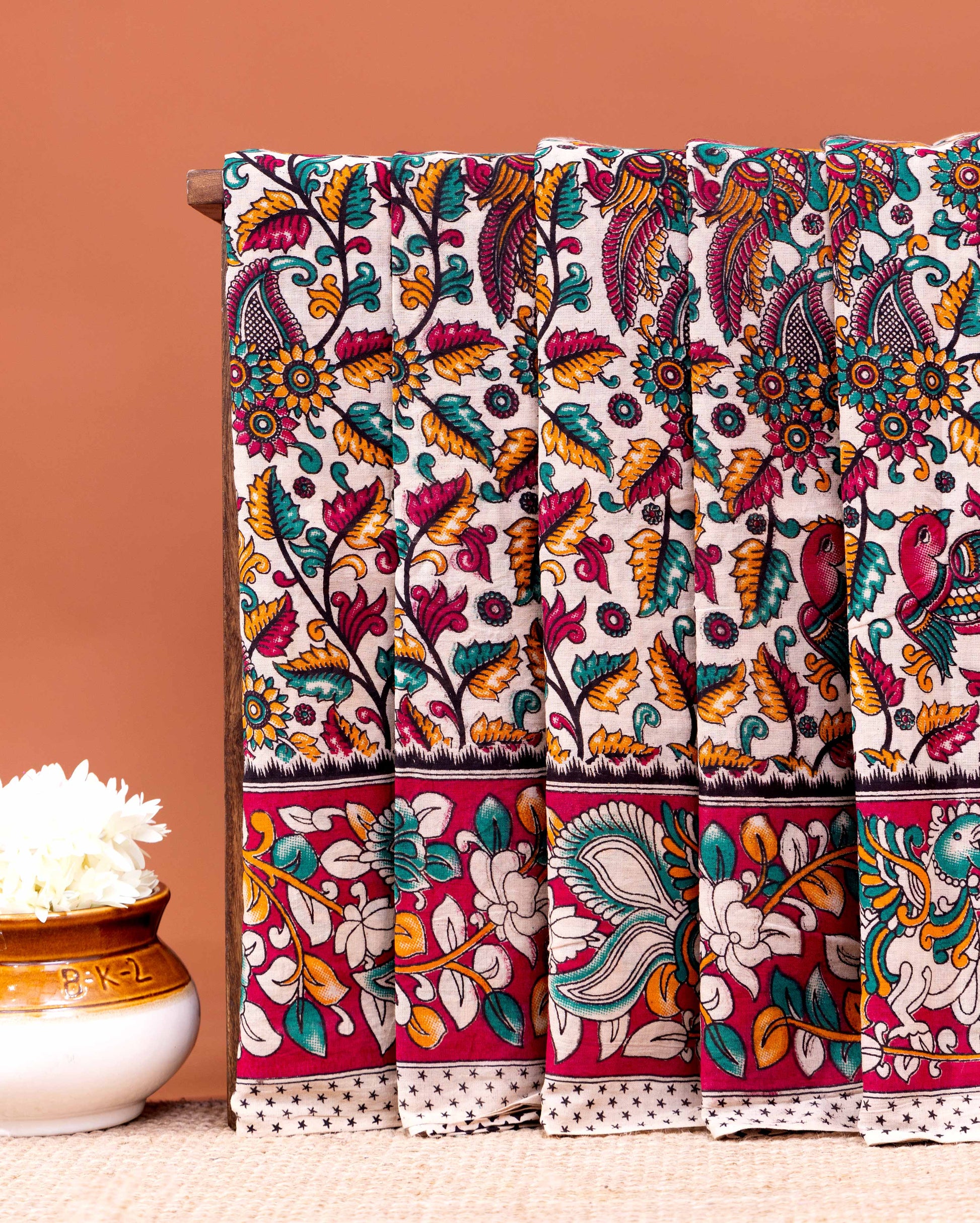 Traditional Kalamkari Cotton Saree with Intricate Floral and Bird Motifs - Cream