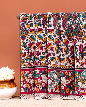 Traditional Kalamkari Cotton Saree with Intricate Floral and Bird Motifs - Cream