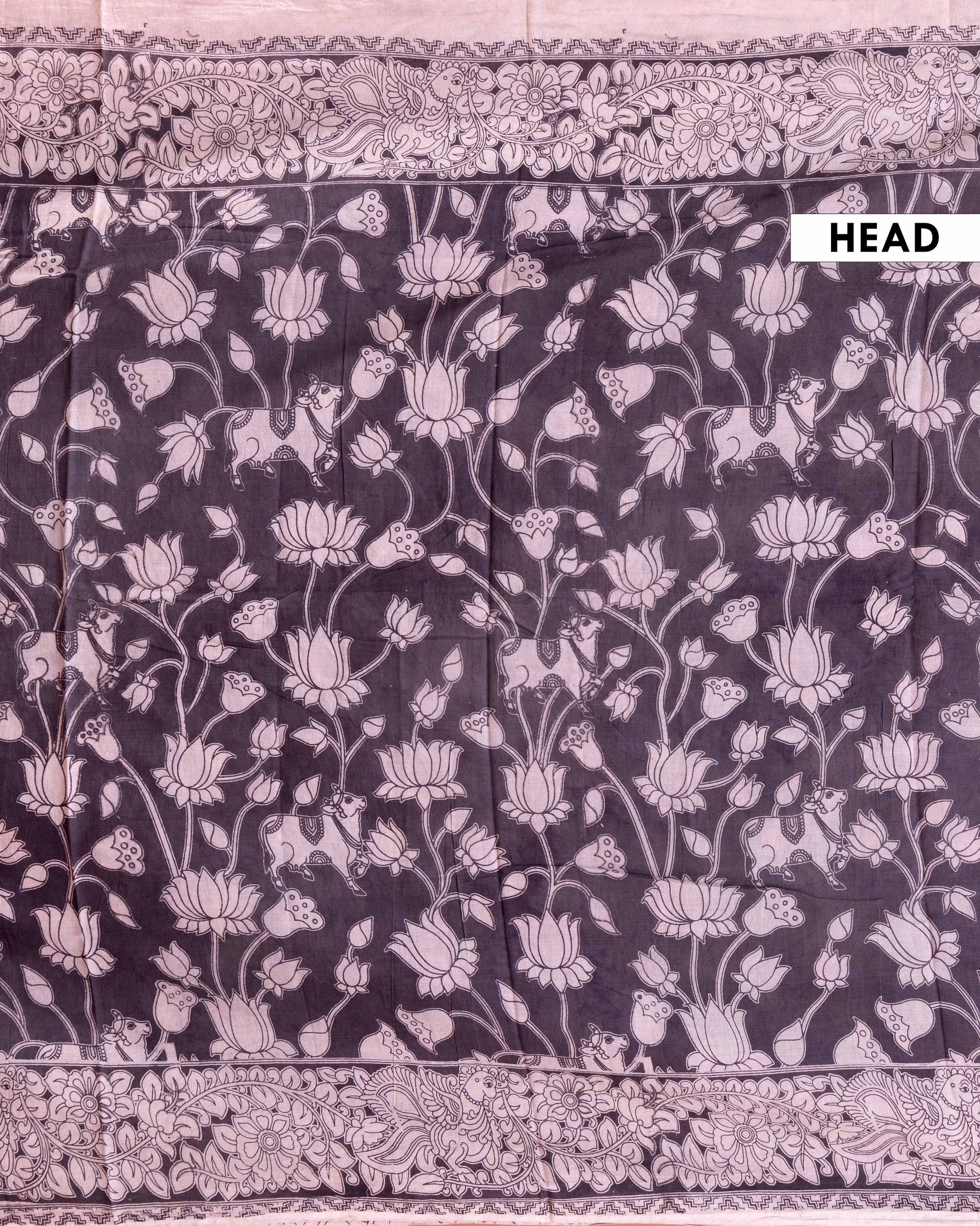 Traditional Kalamkari Cotton Saree with Intricate Floral and Cow Prints - Dark Grey