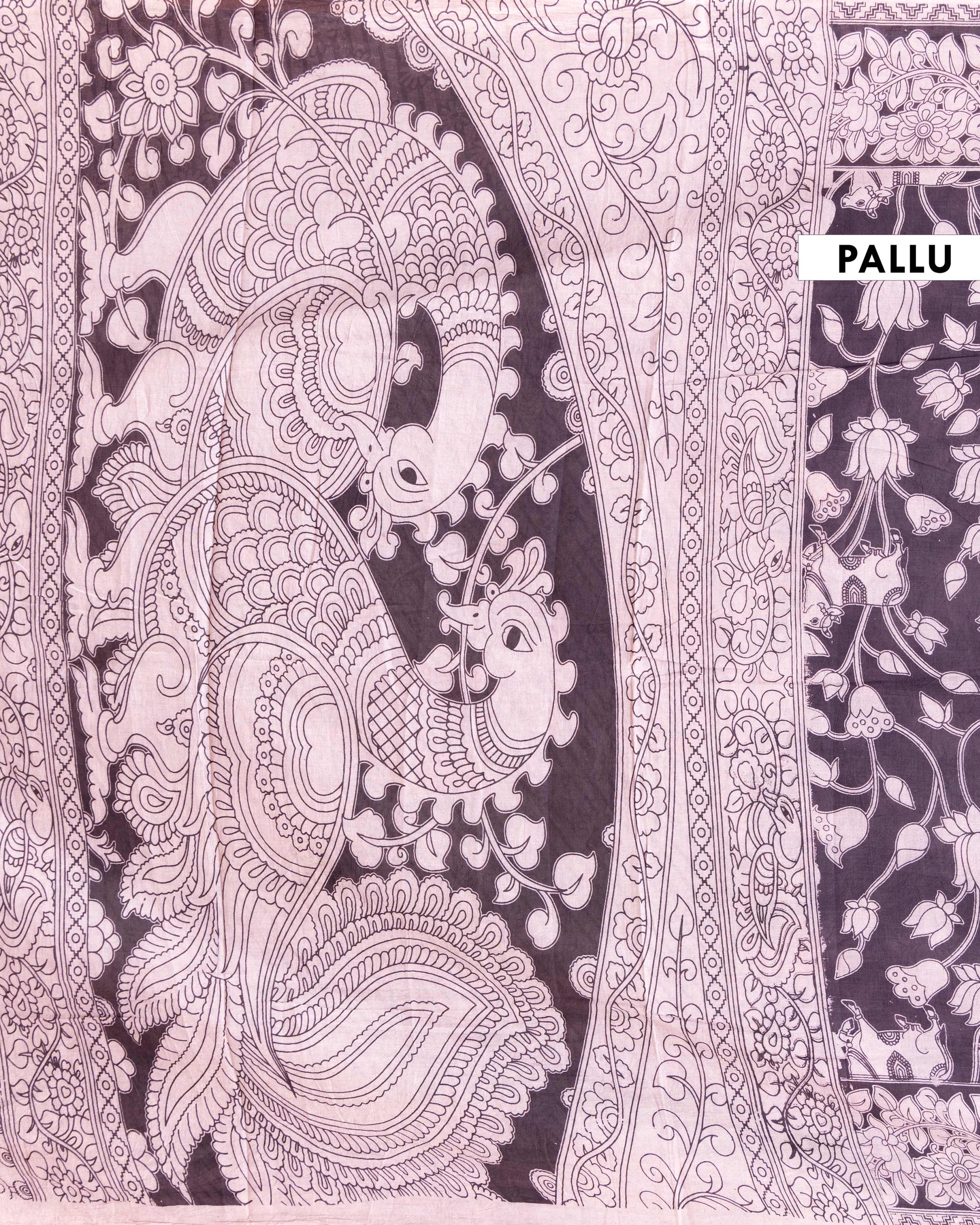 Traditional Kalamkari Cotton Saree with Intricate Floral and Cow Prints - Dark Grey