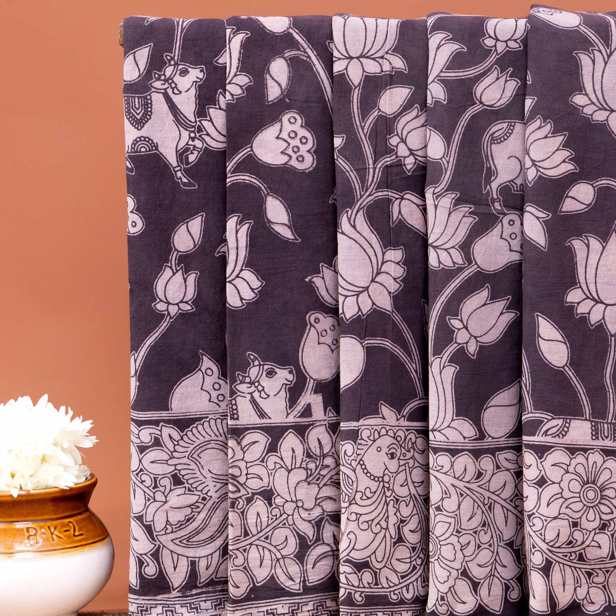 Traditional Kalamkari Cotton Saree with Intricate Floral and Cow Prints - Dark Grey