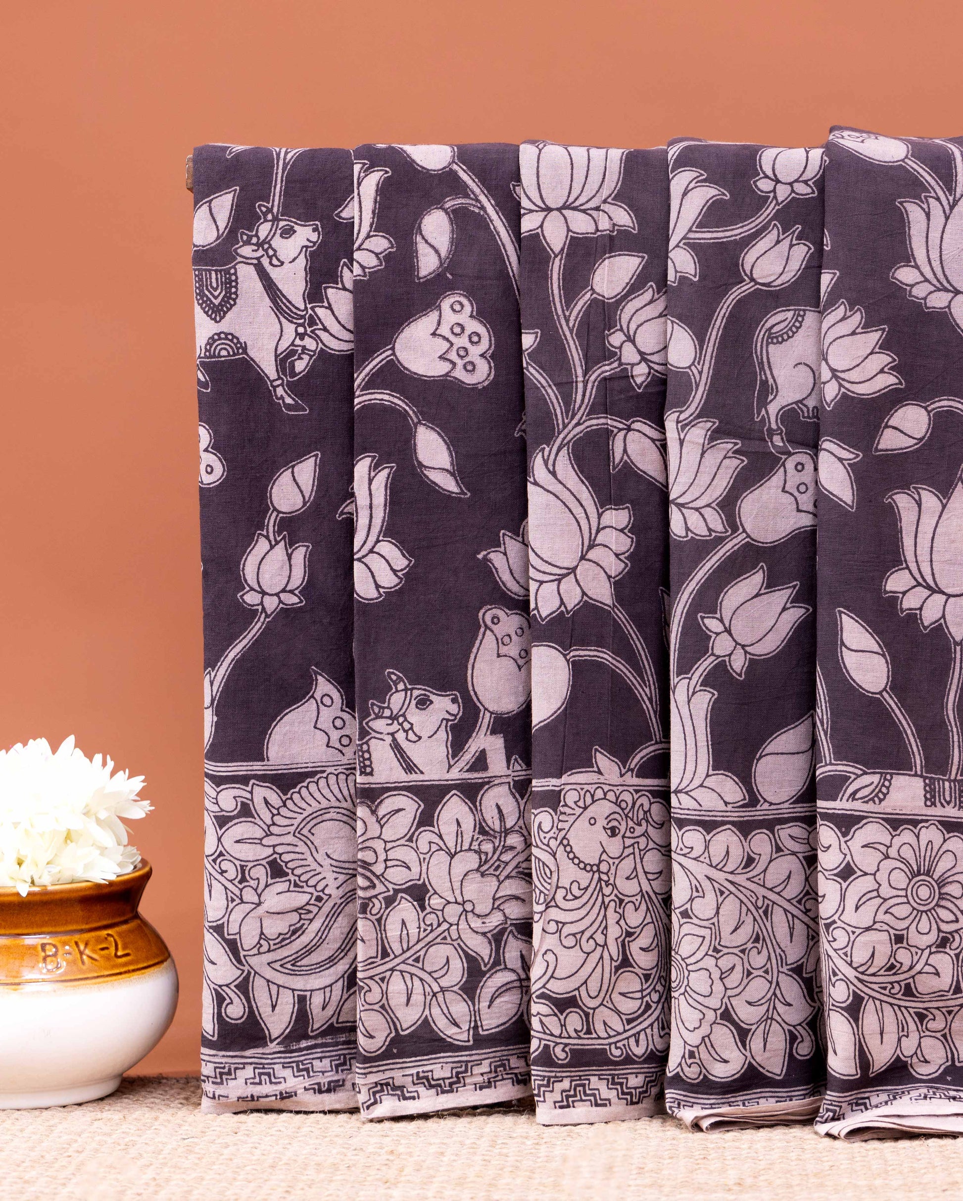 Traditional Kalamkari Cotton Saree with Intricate Floral and Cow Prints - Dark Grey