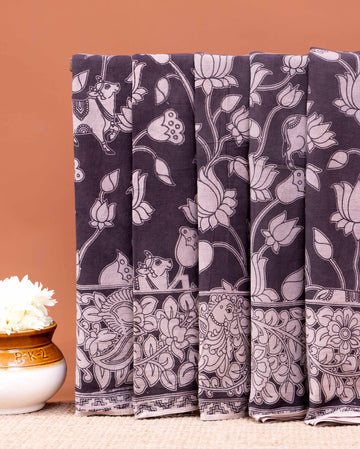 Traditional Kalamkari Cotton Saree with Intricate Floral and Cow Prints - Dark Grey