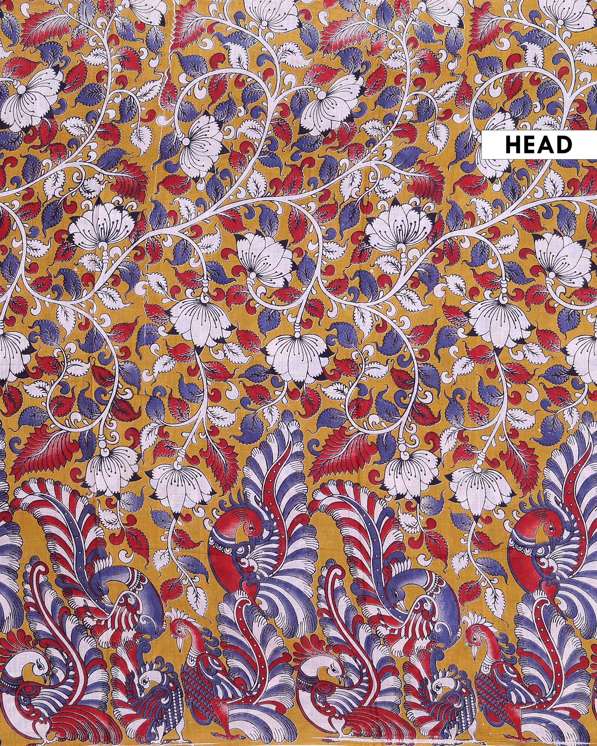 Traditional Kalamkari Cotton Saree with Intricate Floral and Leaf Motifs - Mustard