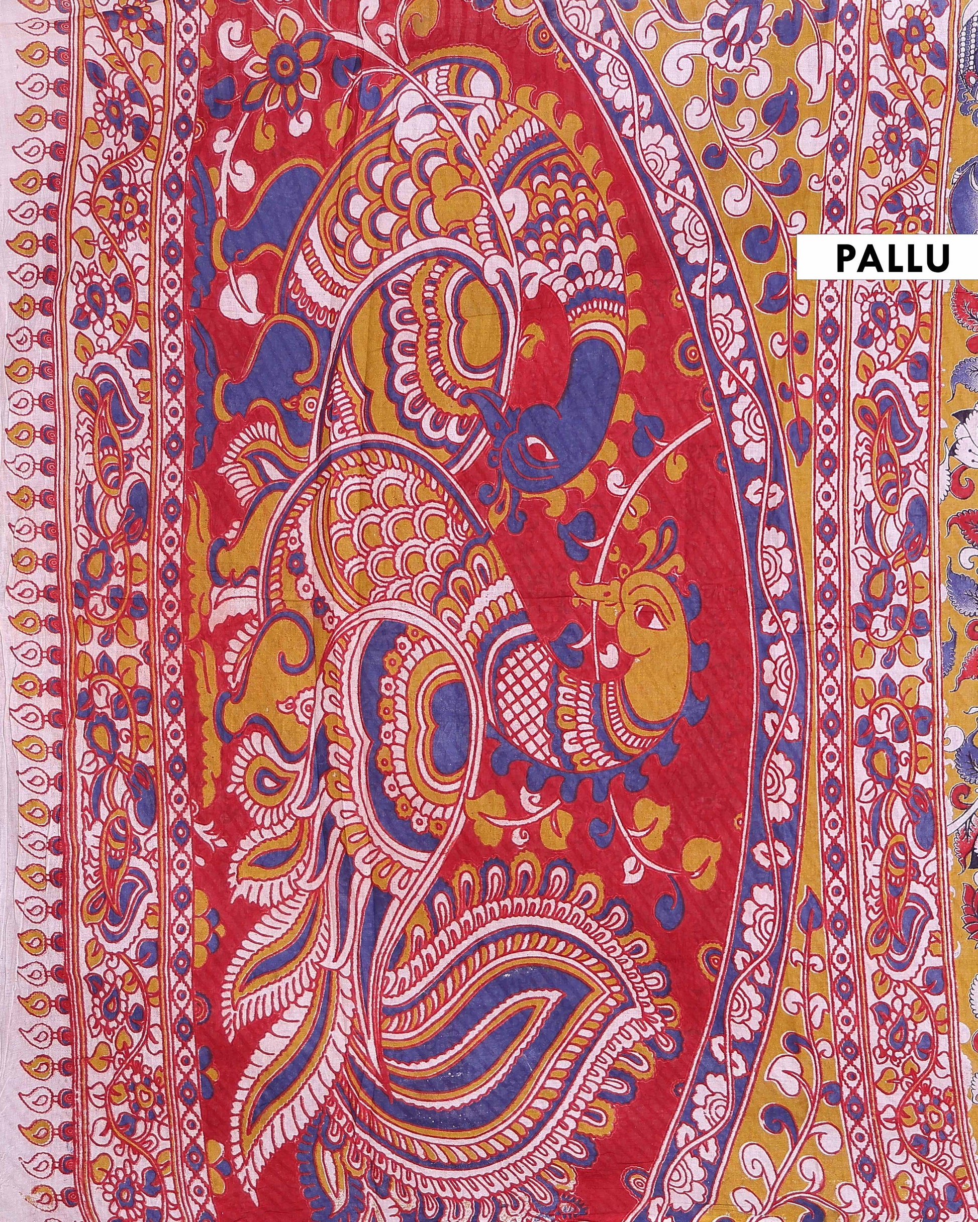 Traditional Kalamkari Cotton Saree with Intricate Floral and Leaf Motifs - Mustard