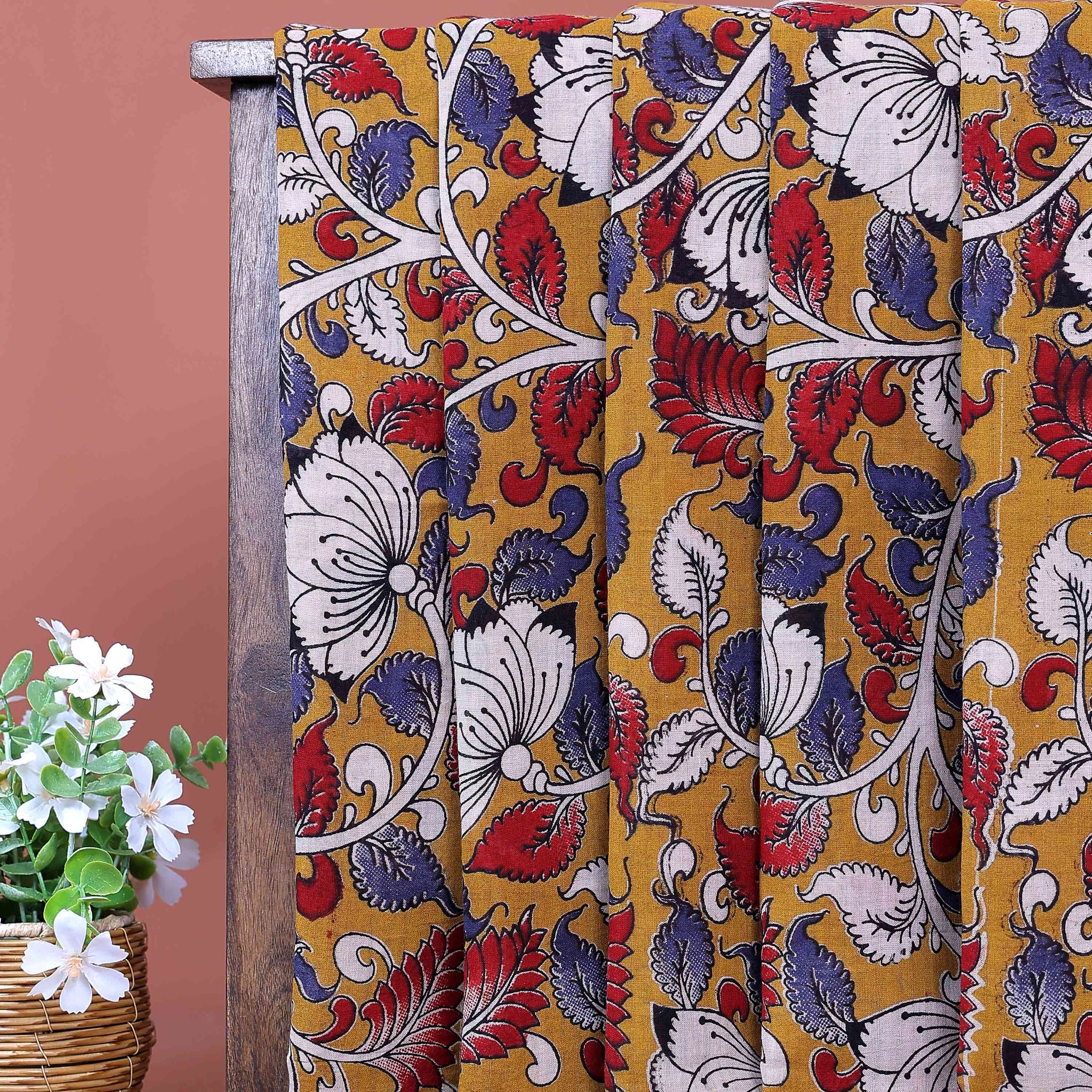 Traditional Kalamkari Cotton Saree with Intricate Floral and Leaf Motifs - Mustard