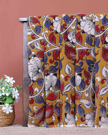 Traditional Kalamkari Cotton Saree with Intricate Floral and Leaf Motifs - Mustard