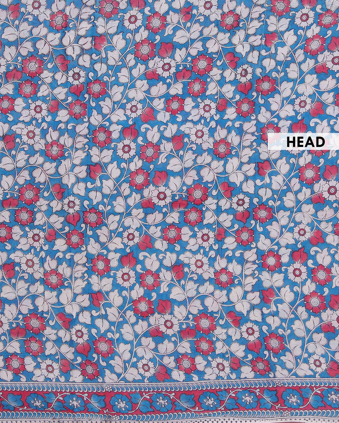 Traditional Kalamkari Cotton Saree with Intricate Floral and Leafy Motifs a Contrast Border - Blue