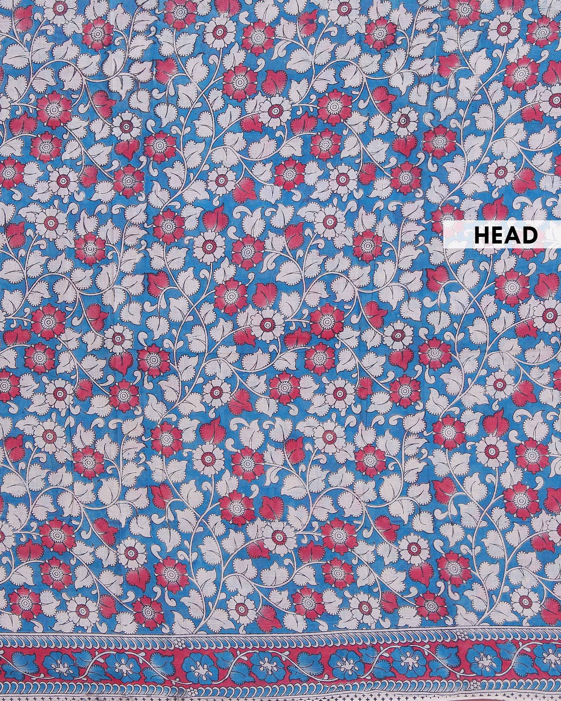 Traditional Kalamkari Cotton Saree with Intricate Floral and Leafy Motifs a Contrast Border - Blue