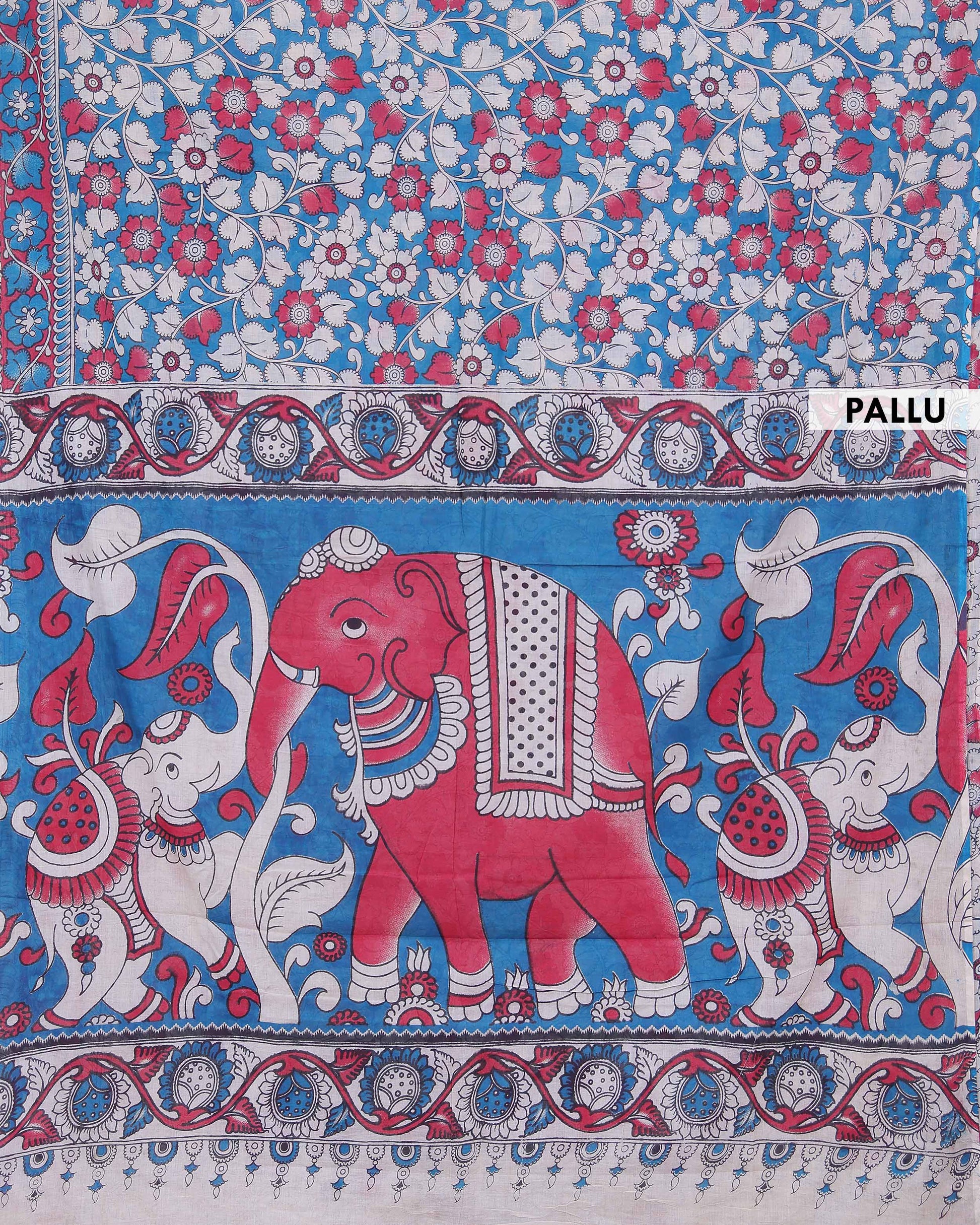 Traditional Kalamkari Cotton Saree with Intricate Floral and Leafy Motifs a Contrast Border - Blue