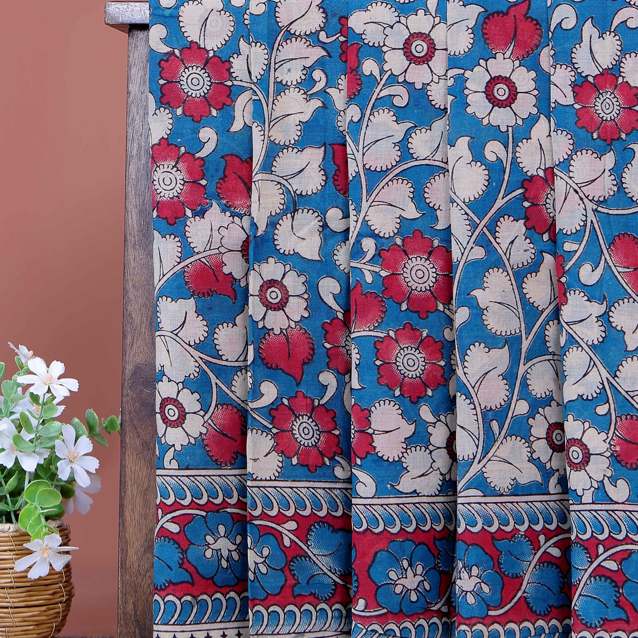 Traditional Kalamkari Cotton Saree with Intricate Floral and Leafy Motifs a Contrast Border - Blue