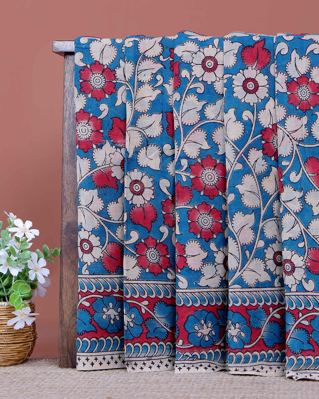 Traditional Kalamkari Cotton Saree with Intricate Floral and Leafy Motifs a Contrast Border - Blue