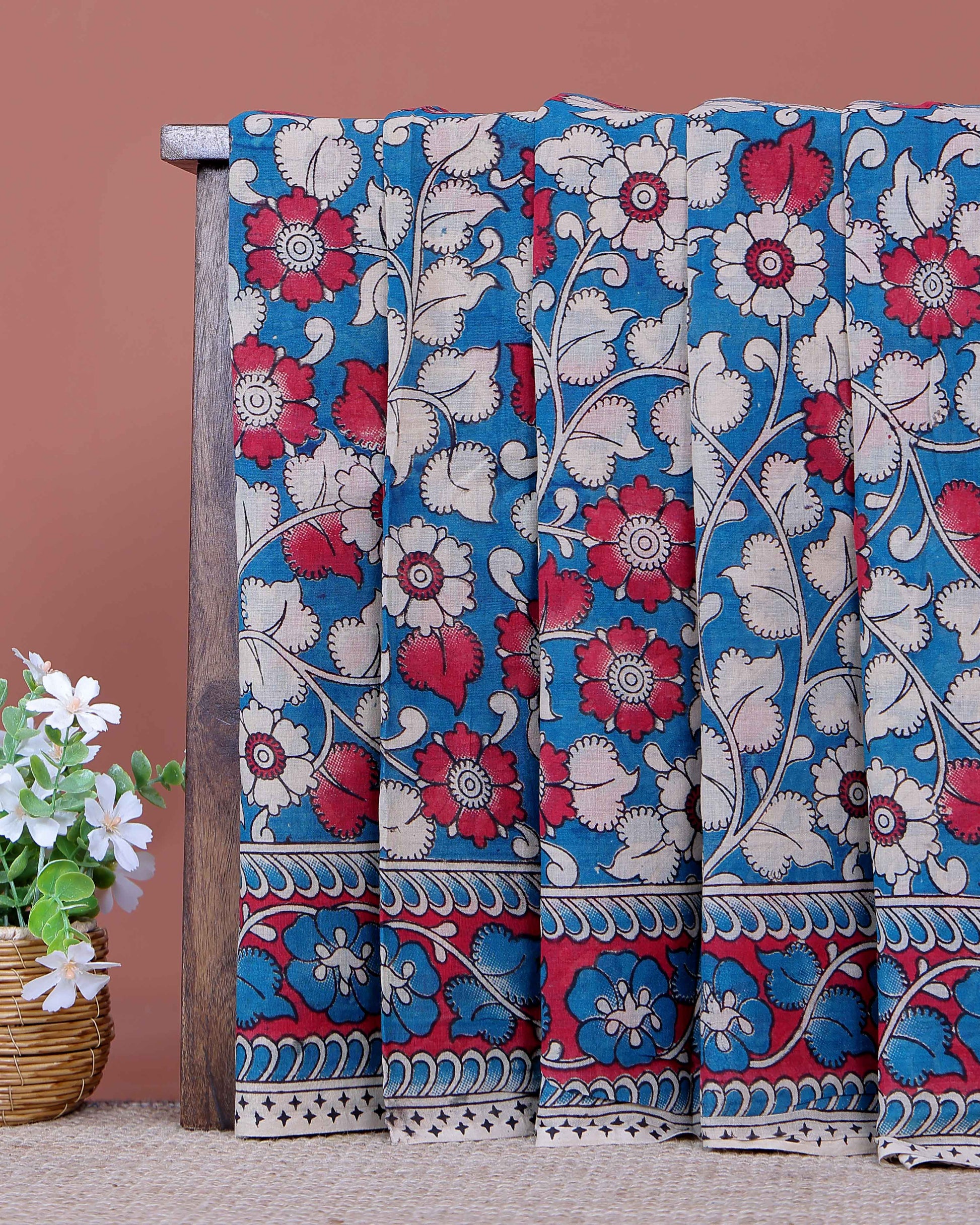 Traditional Kalamkari Cotton Saree with Intricate Floral and Leafy Motifs a Contrast Border - Blue