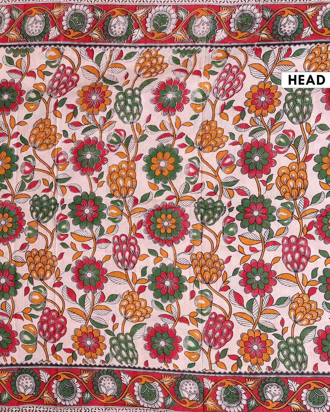 Traditional Kalamkari Cotton Saree with Intricate Floral and Paisley Prints - Cream