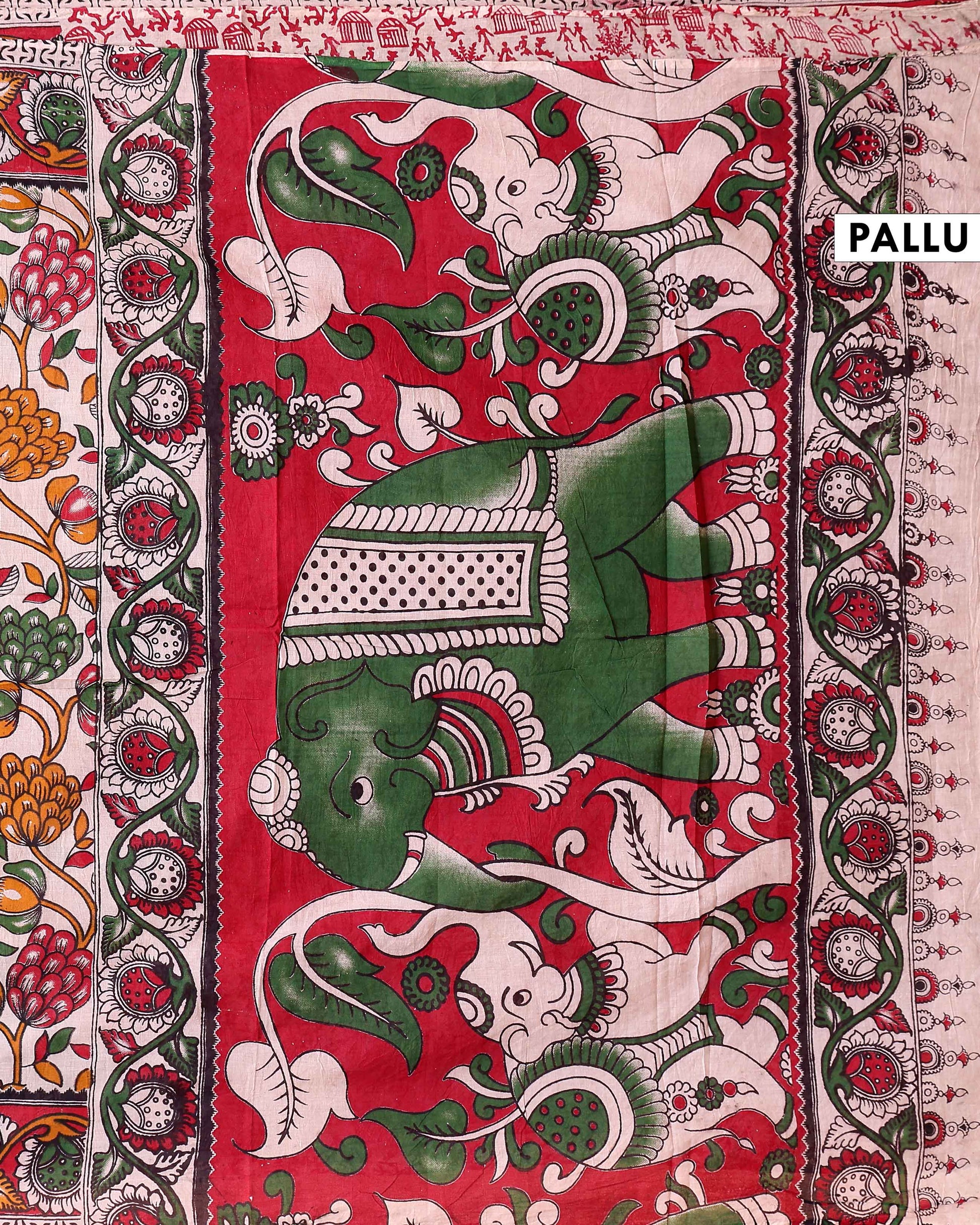 Traditional Kalamkari Cotton Saree with Intricate Floral and Paisley Prints - Cream