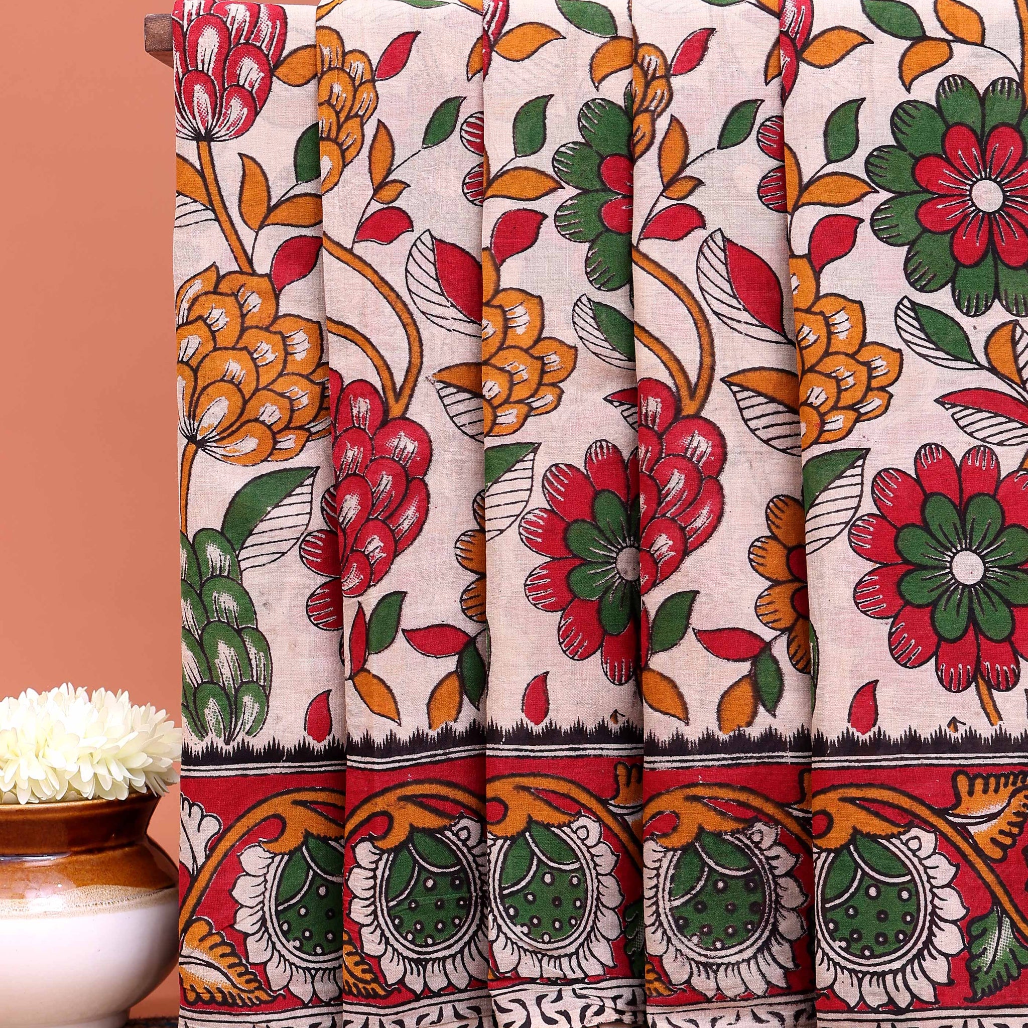 Traditional Kalamkari Cotton Saree with Intricate Floral and Paisley Prints - Cream