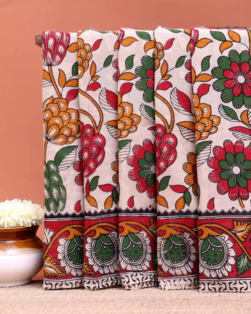 Traditional Kalamkari Cotton Saree with Intricate Floral and Paisley Prints - Cream