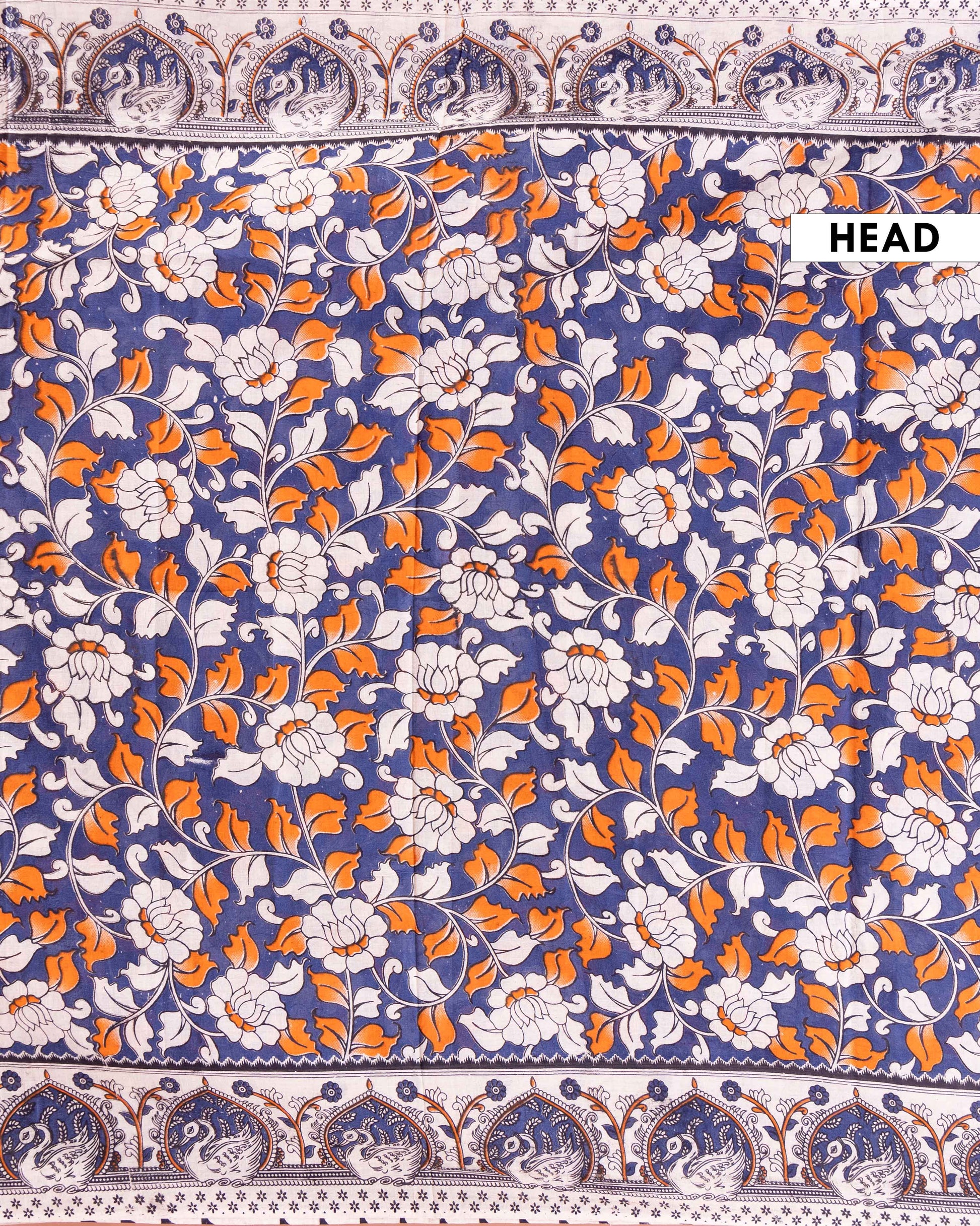 Traditional Kalamkari Cotton Saree with Intricate Peacock and Floral Border - Blue