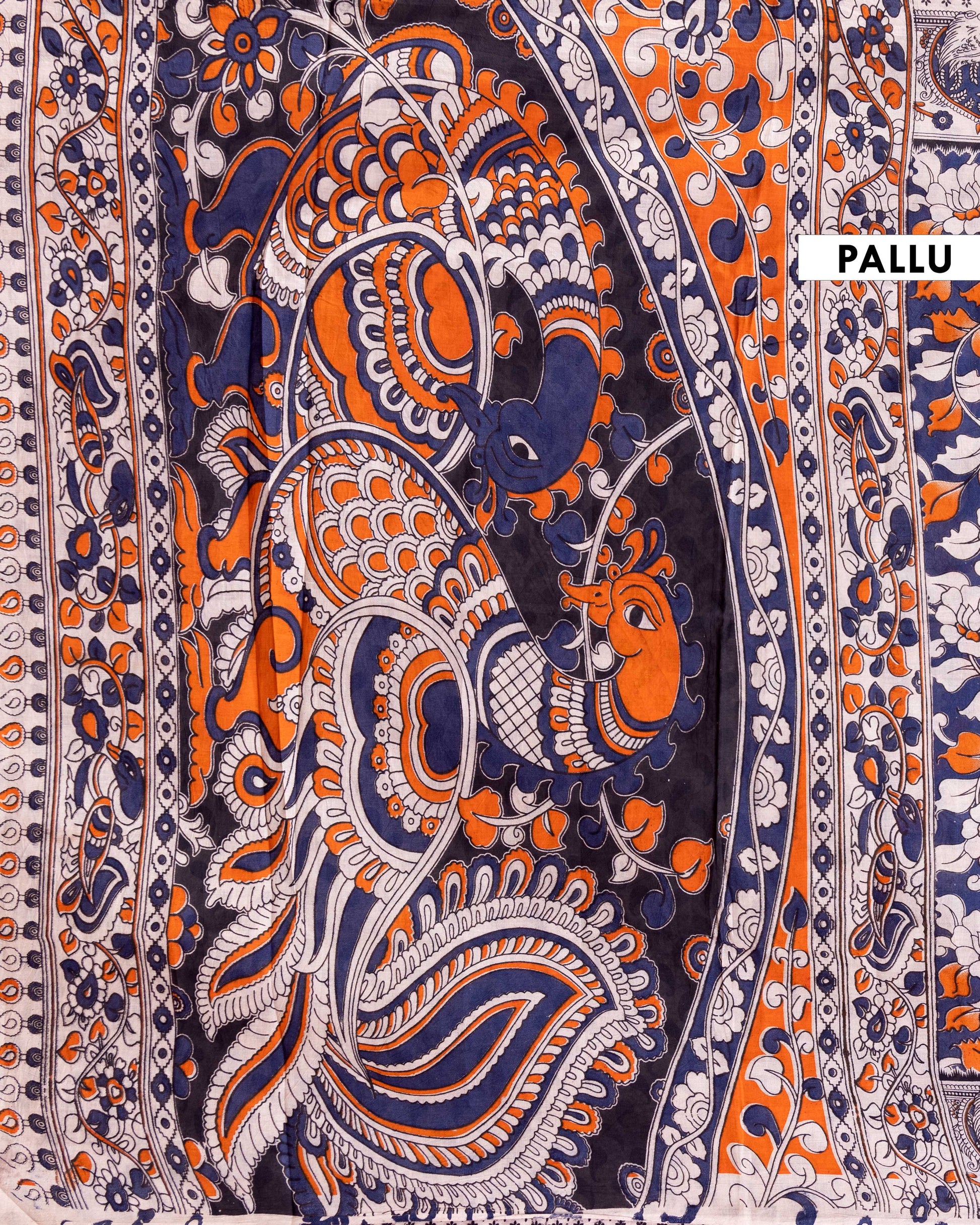 Traditional Kalamkari Cotton Saree with Intricate Peacock and Floral Border - Blue