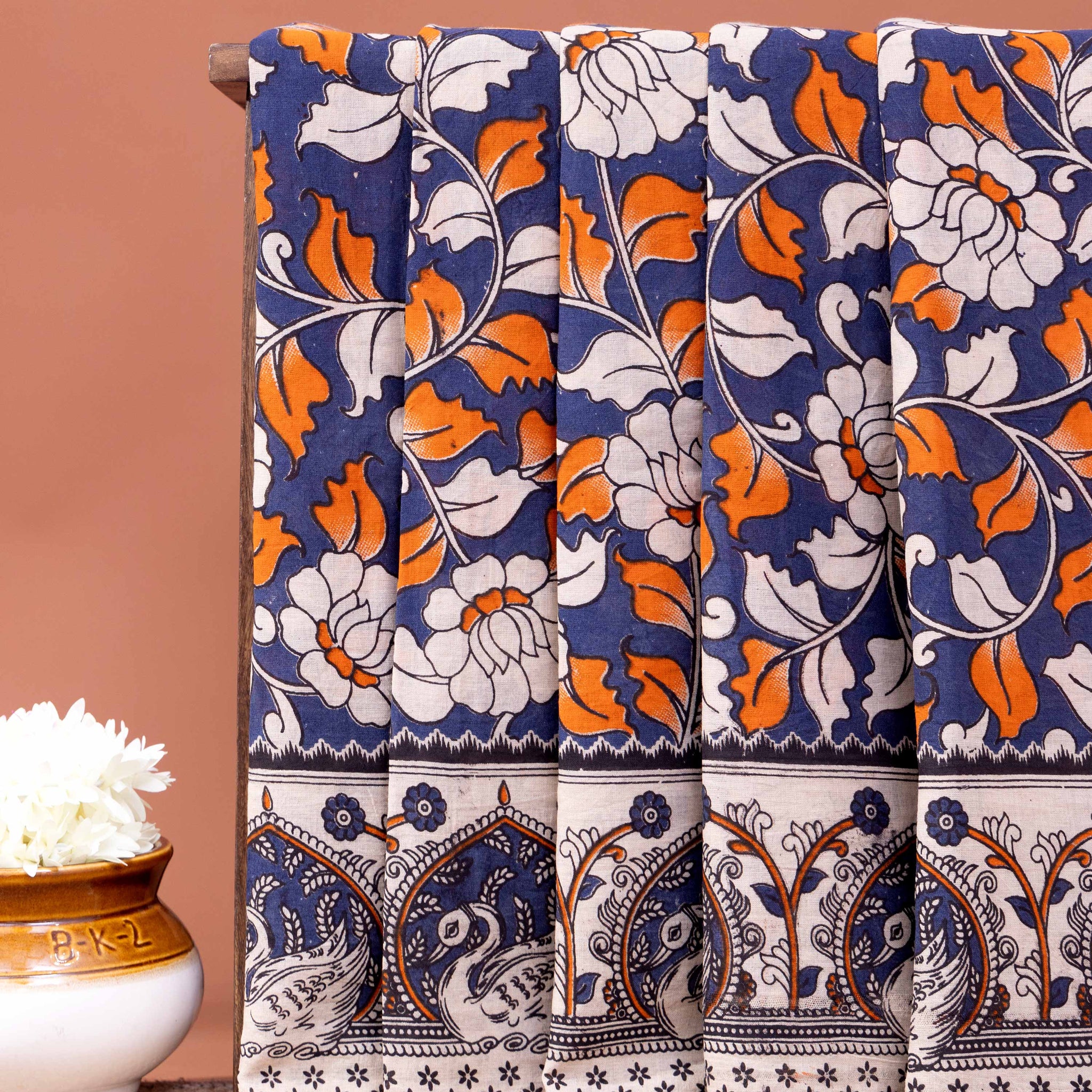 Traditional Kalamkari Cotton Saree with Intricate Peacock and Floral Border - Blue