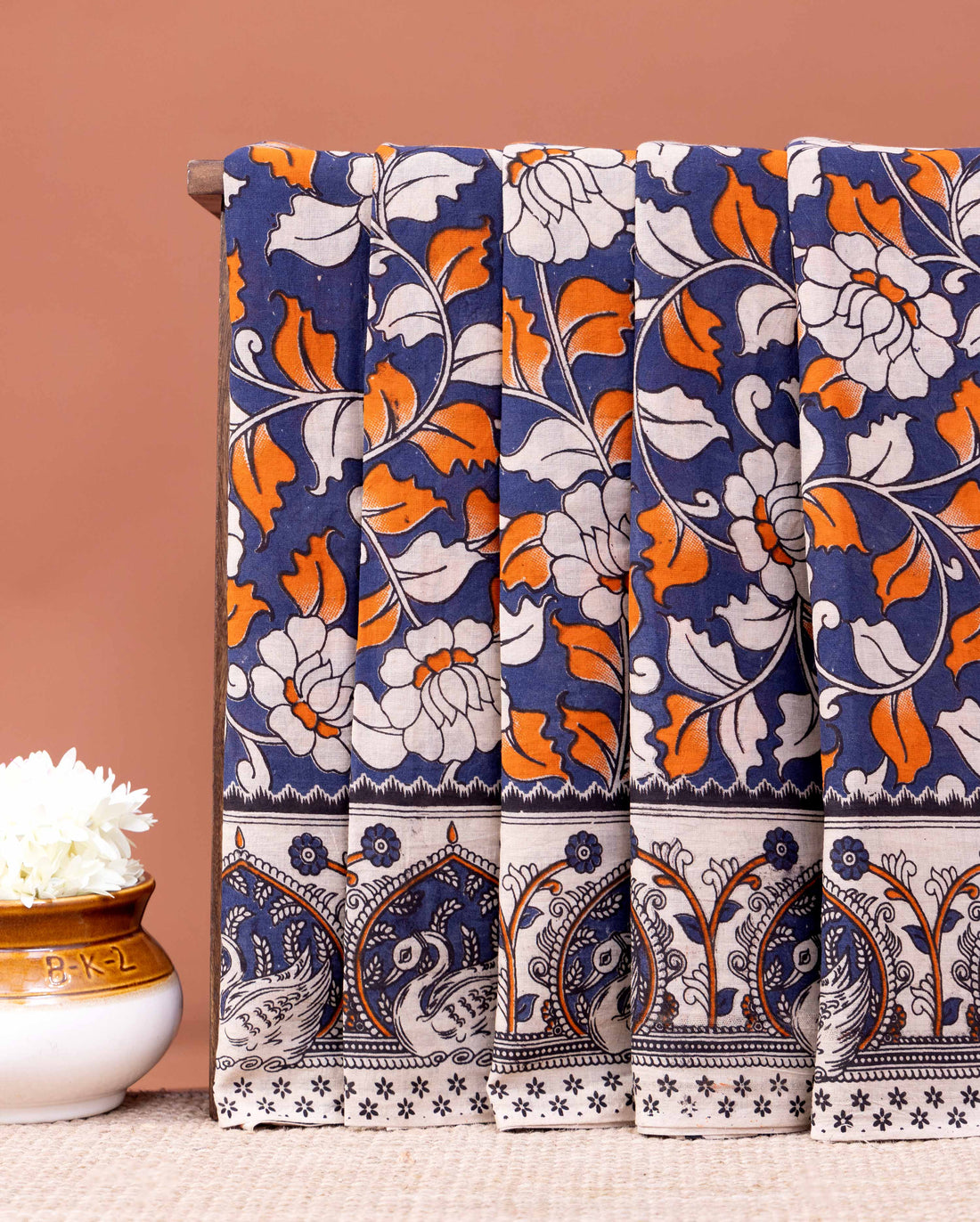 Traditional Kalamkari Cotton Saree with Intricate Peacock and Floral Border - Blue