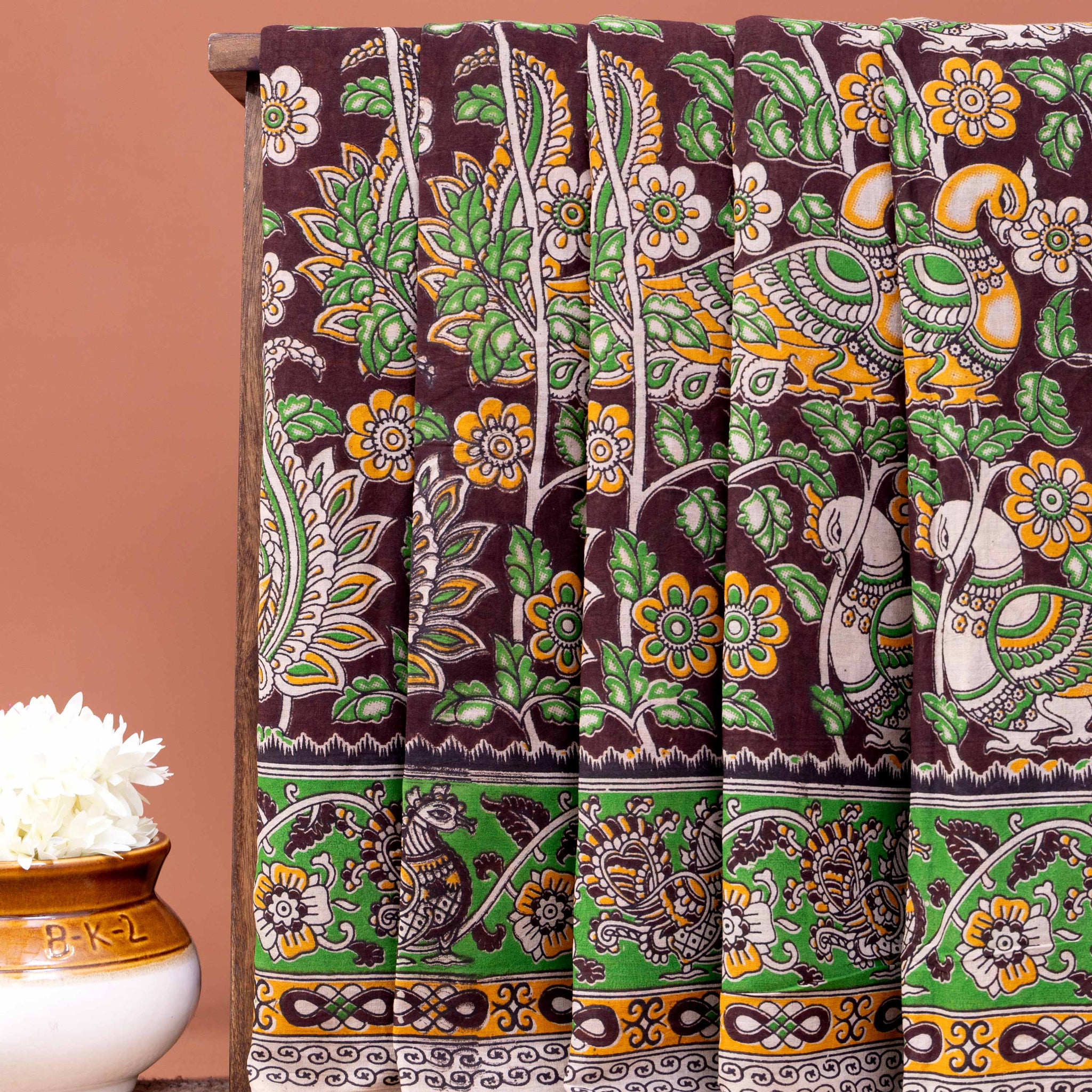 Traditional Kalamkari Cotton Saree with Intricate Tree and Peacock Design - Dark Purple