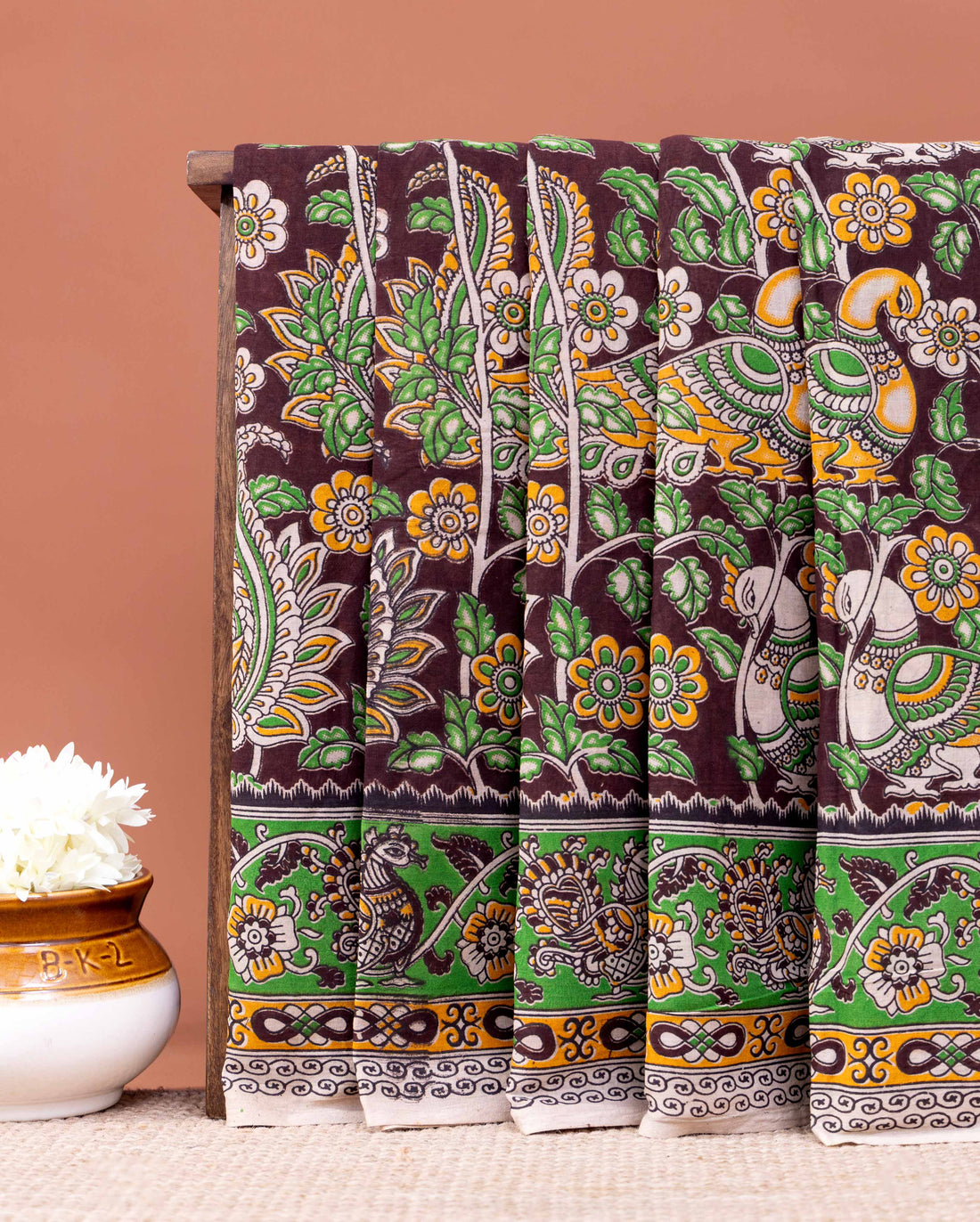 Traditional Kalamkari Cotton Saree with Intricate Tree and Peacock Design - Dark Purple