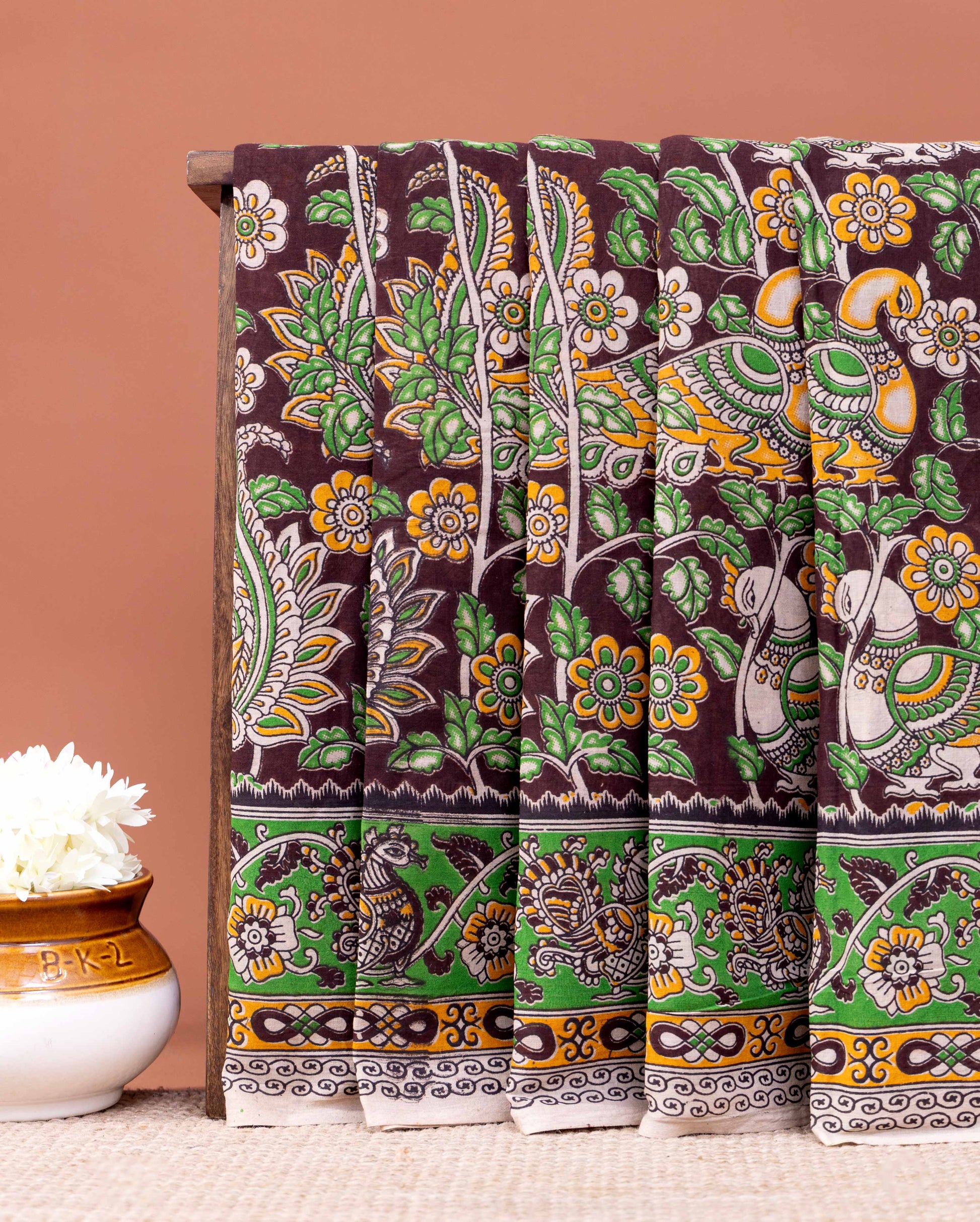 Traditional Kalamkari Cotton Saree with Intricate Tree and Peacock Design - Dark Purple