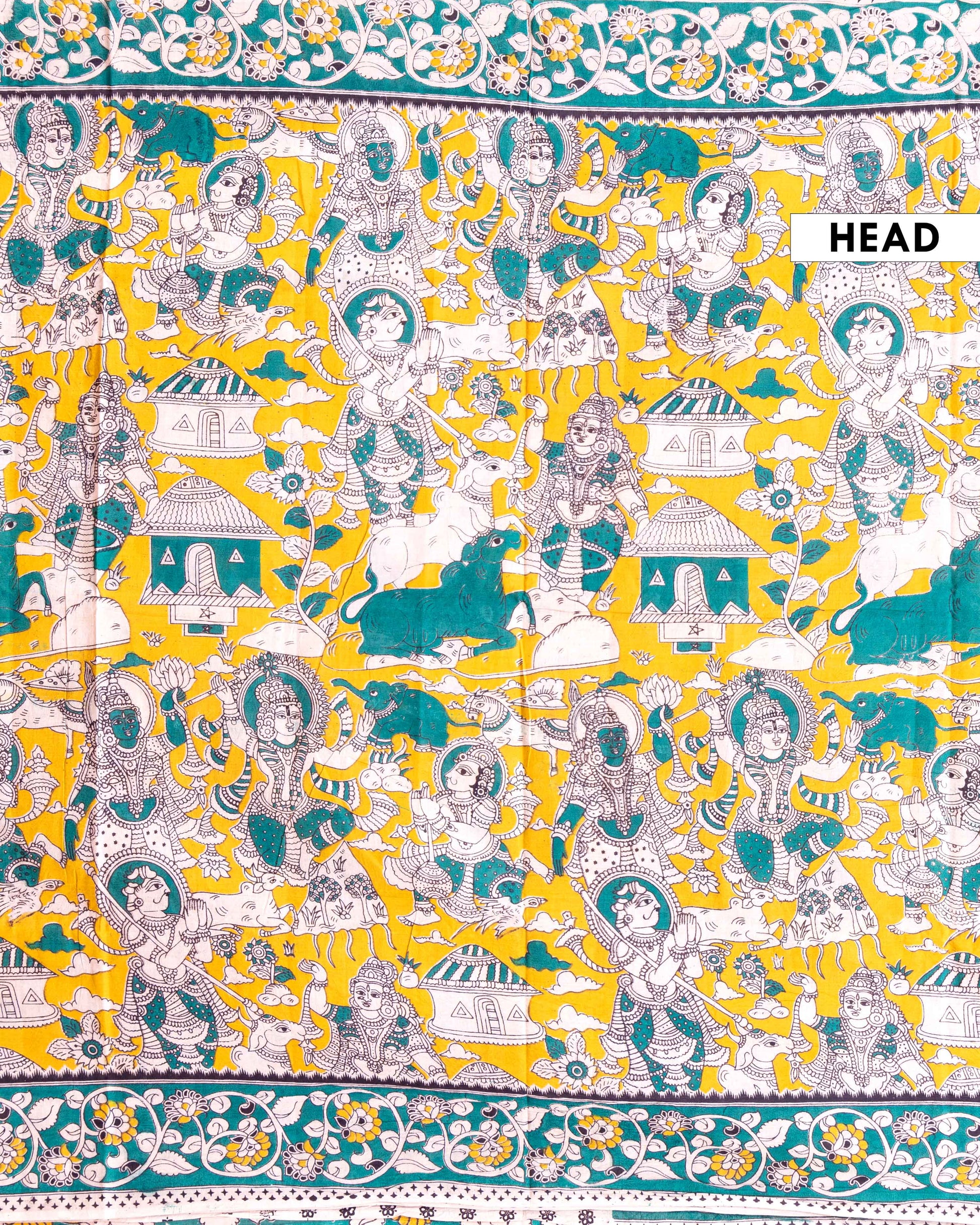 Traditional Kalamkari Cotton Saree with Mythological Motifs - Orange