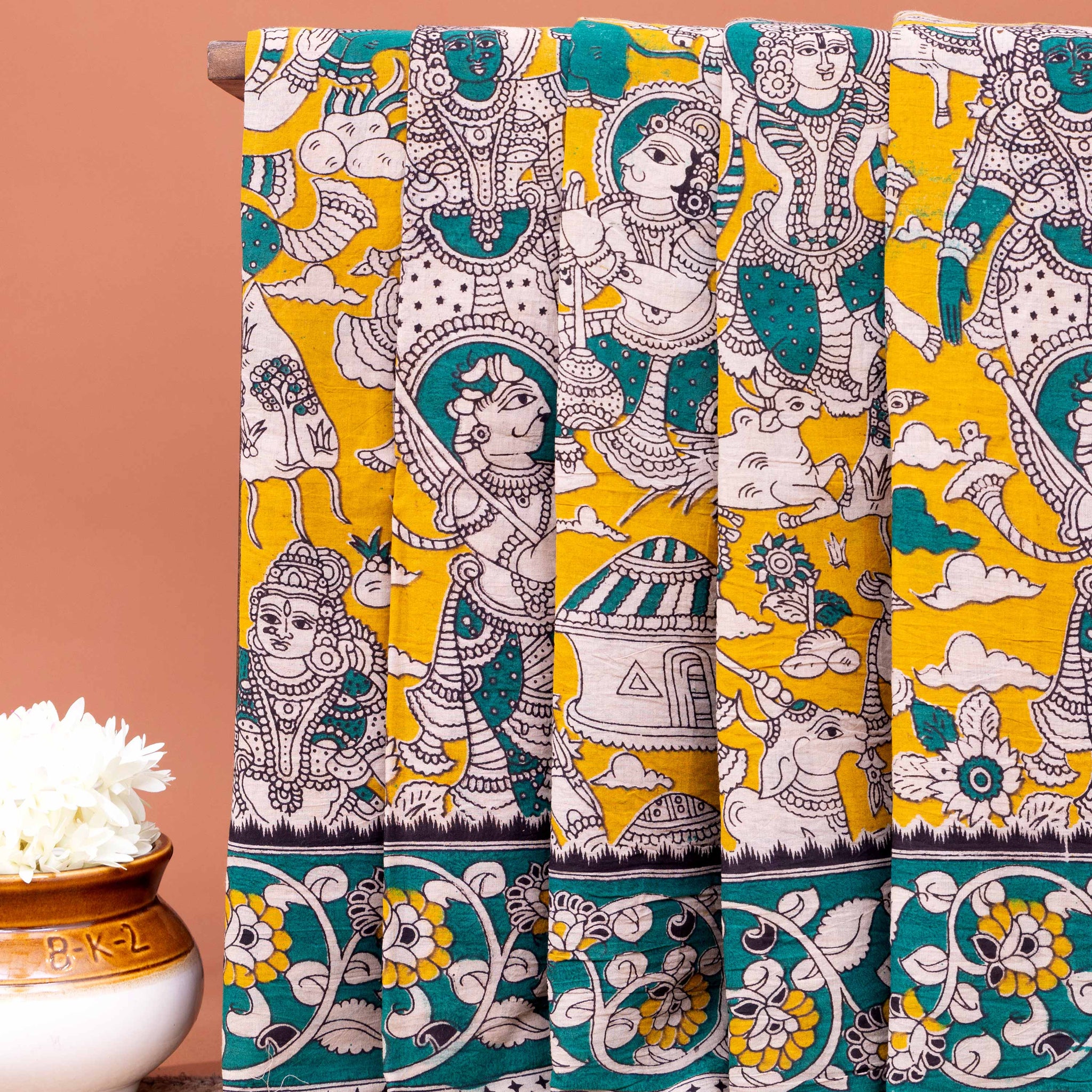Traditional Kalamkari Cotton Saree with Mythological Motifs - Orange