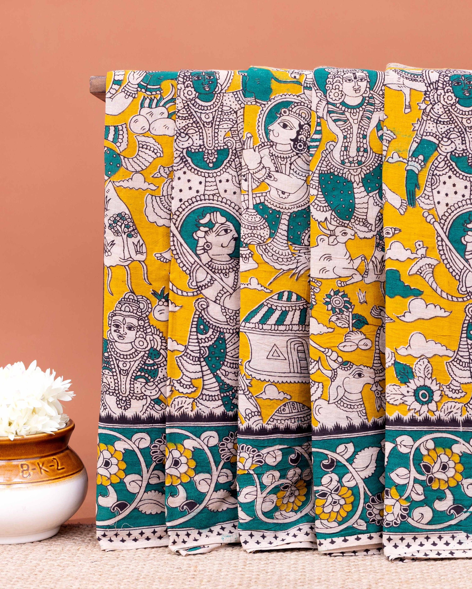 Traditional Kalamkari Cotton Saree with Mythological Motifs - Orange