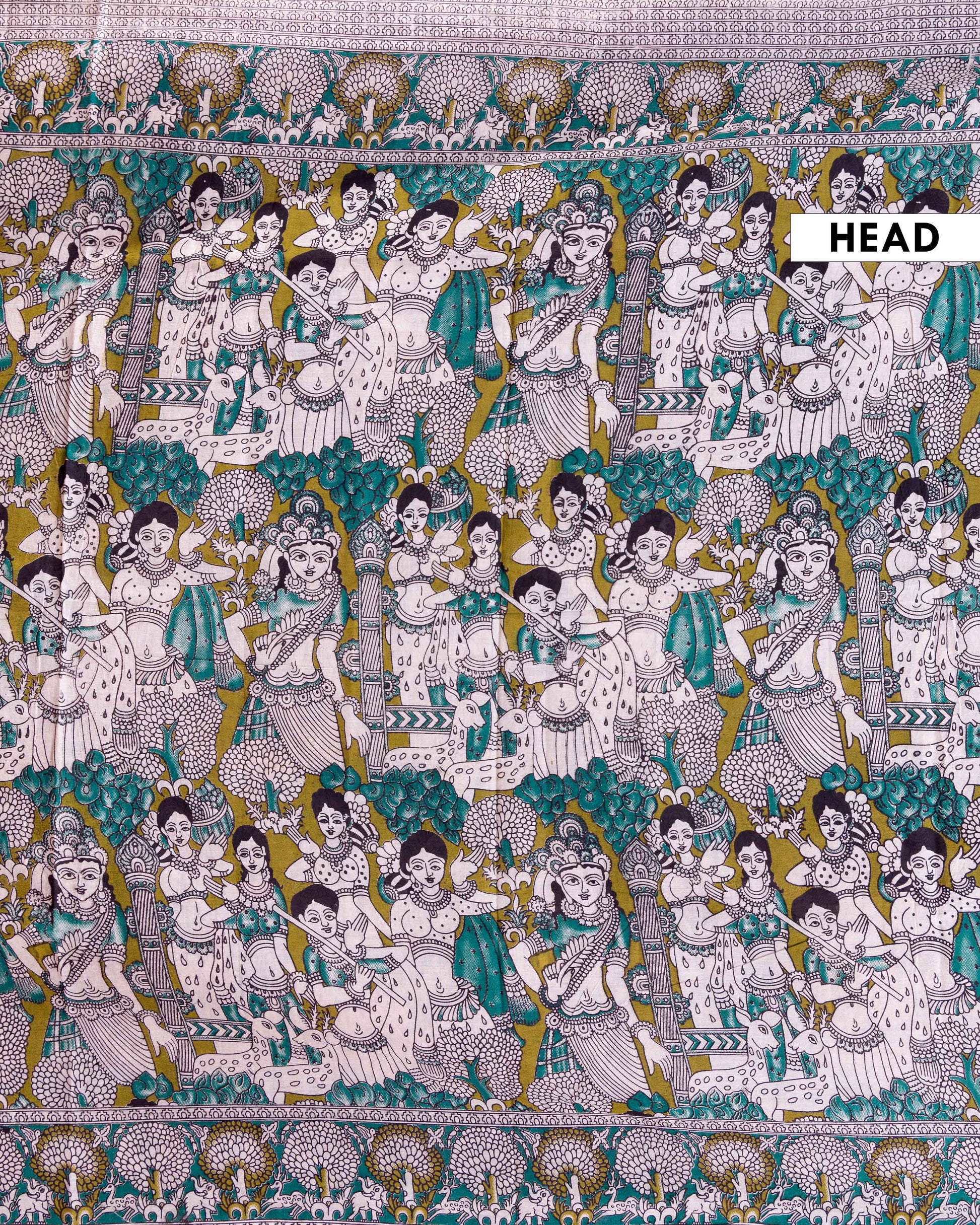 Traditional Kalamkari Cotton Saree with Mythological Narrative and Tree of Life Motifs - Green