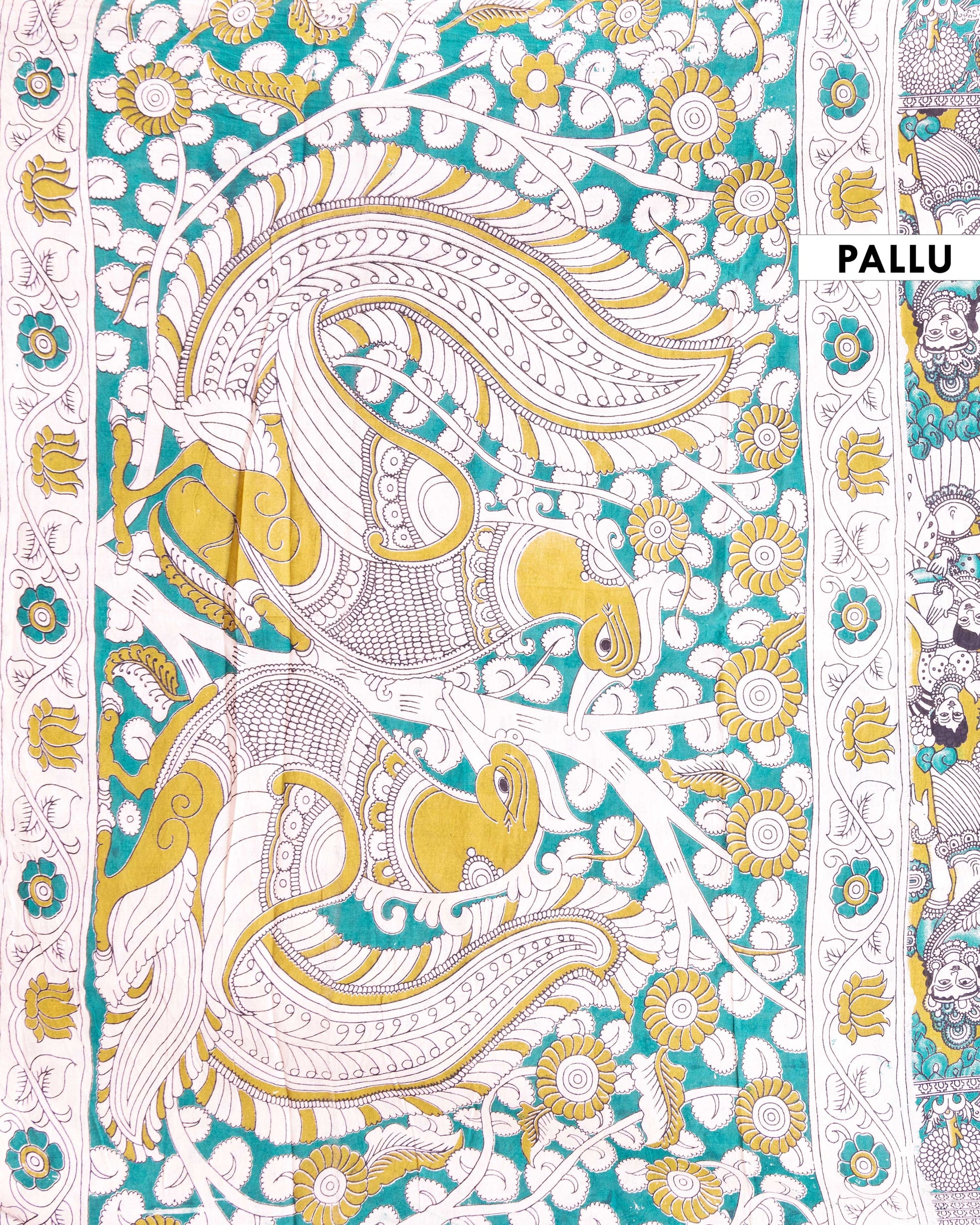 Traditional Kalamkari Cotton Saree with Mythological Narrative and Tree of Life Motifs - Green