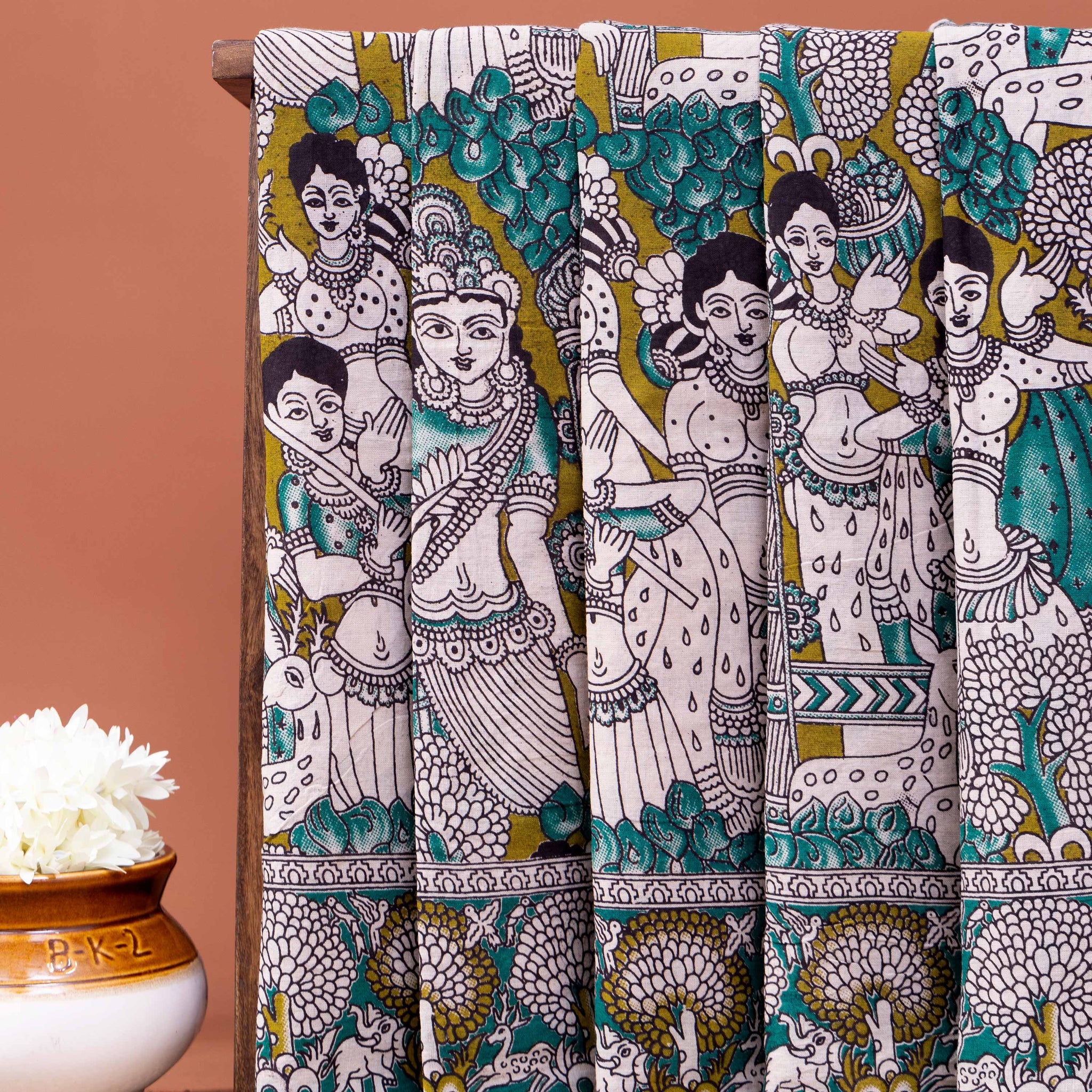 Traditional Kalamkari Cotton Saree with Mythological Narrative and Tree of Life Motifs - Green